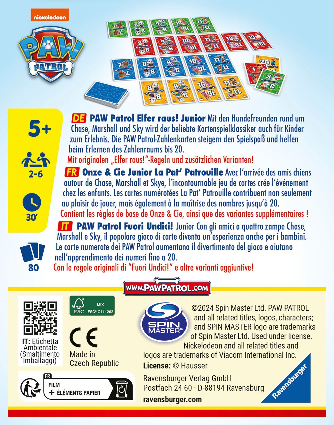 Ravensburger Spiel PAW Patrol Elfer raus! Junior, Made in Europe