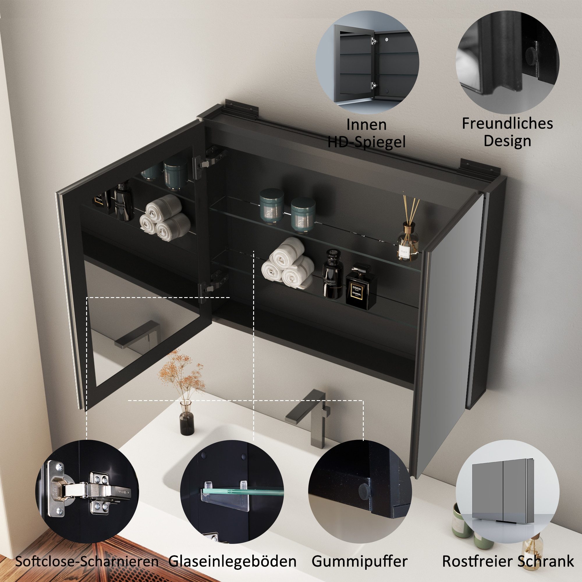 Hopibath Badezimmerspiegelschrank mit ablage Aluminium Spiegelschrank Bad Schwarz 2-türig 1-türig Eckig (Wandschrank Badezimmer Badmöbel Badschrank, 80x60, 50x70, 40x60cm) Doppelseitiger Spiegel, Verstellbare Glasböden, Softclose-Scharnieren