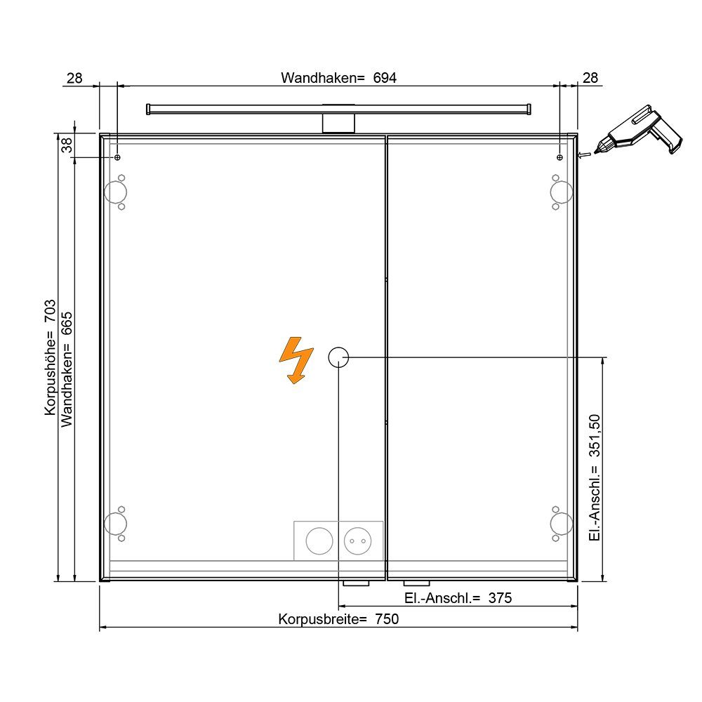 SOLINGEN-66 Beleuchtung breit Glanz mit Lomadox 75cm Spiegelschrank LED Badezimmer weiß 75/70,3/17 cm