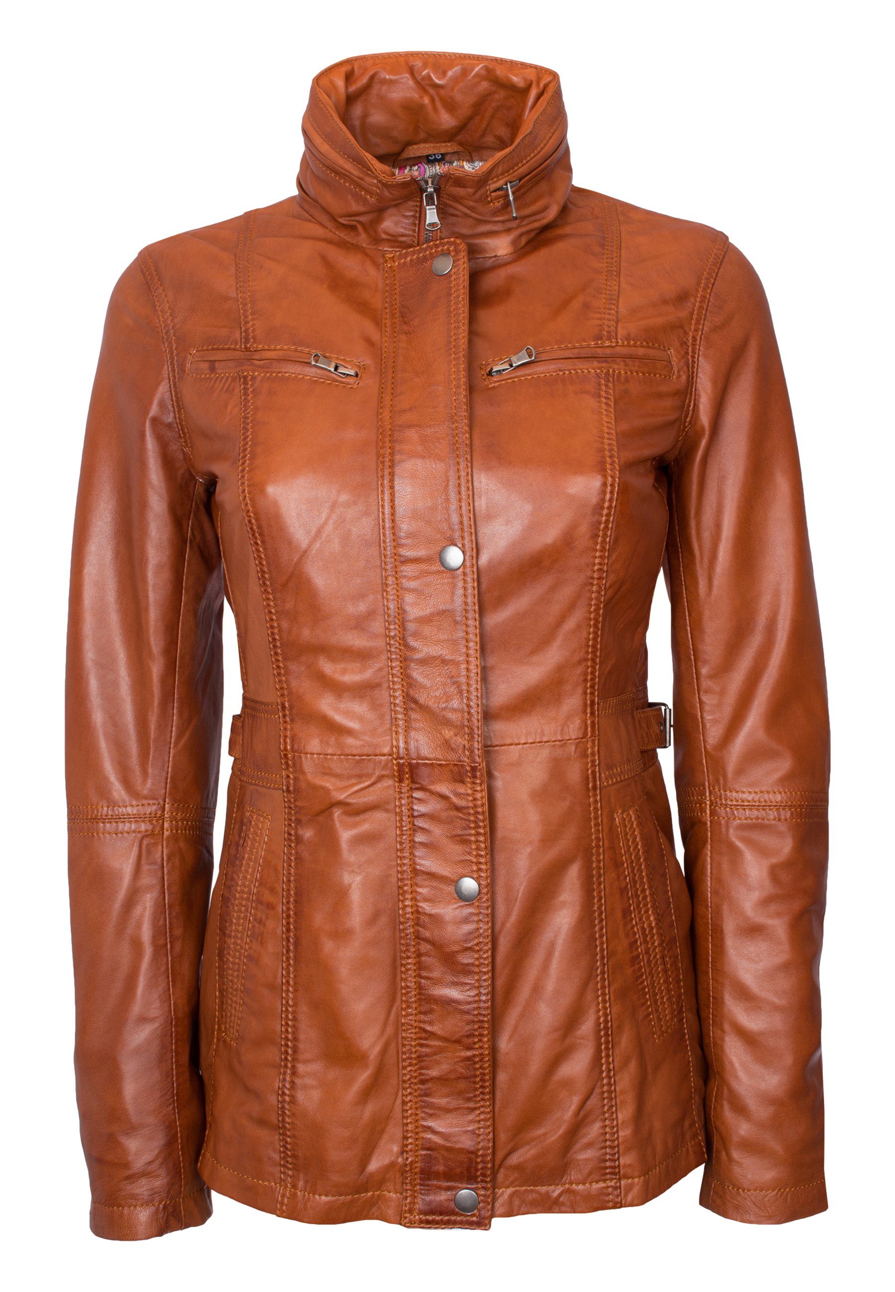 Lolus Lederjacke Angel Lange Damen Lederjacke aus weichem Lammnappa Leder Cognac