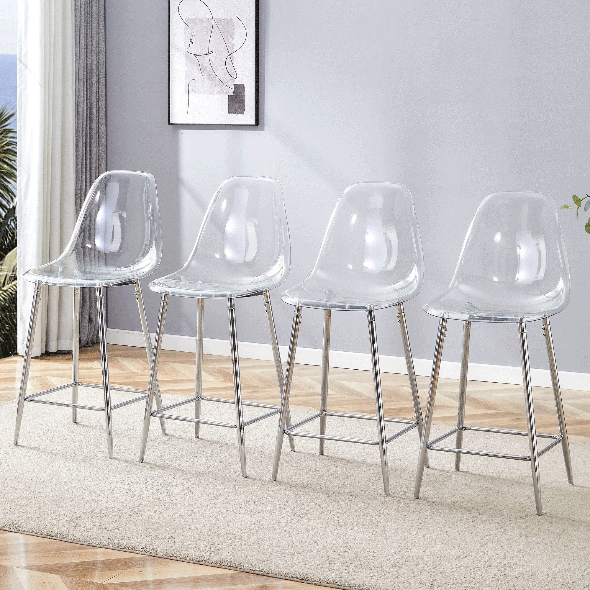 Odikalo Barhocker Esszimmerstühle mit transparentem Sockel (4er Pack Acryl-Sitzschale mit Metallgestell in Silber/Gold/Schwarz Moderne Design-Stühle für Küche Bar oder Esszimmer (Nur Stühle, ohne Tisch)