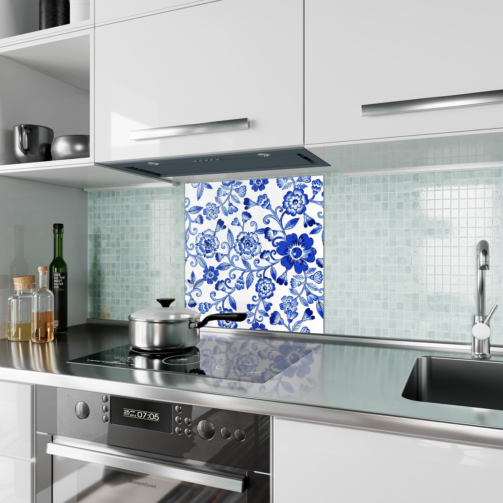 Primedeco Küchenrückwand Küchenrückwand Spritzschutz Blütenmuster mit Motiv Glas