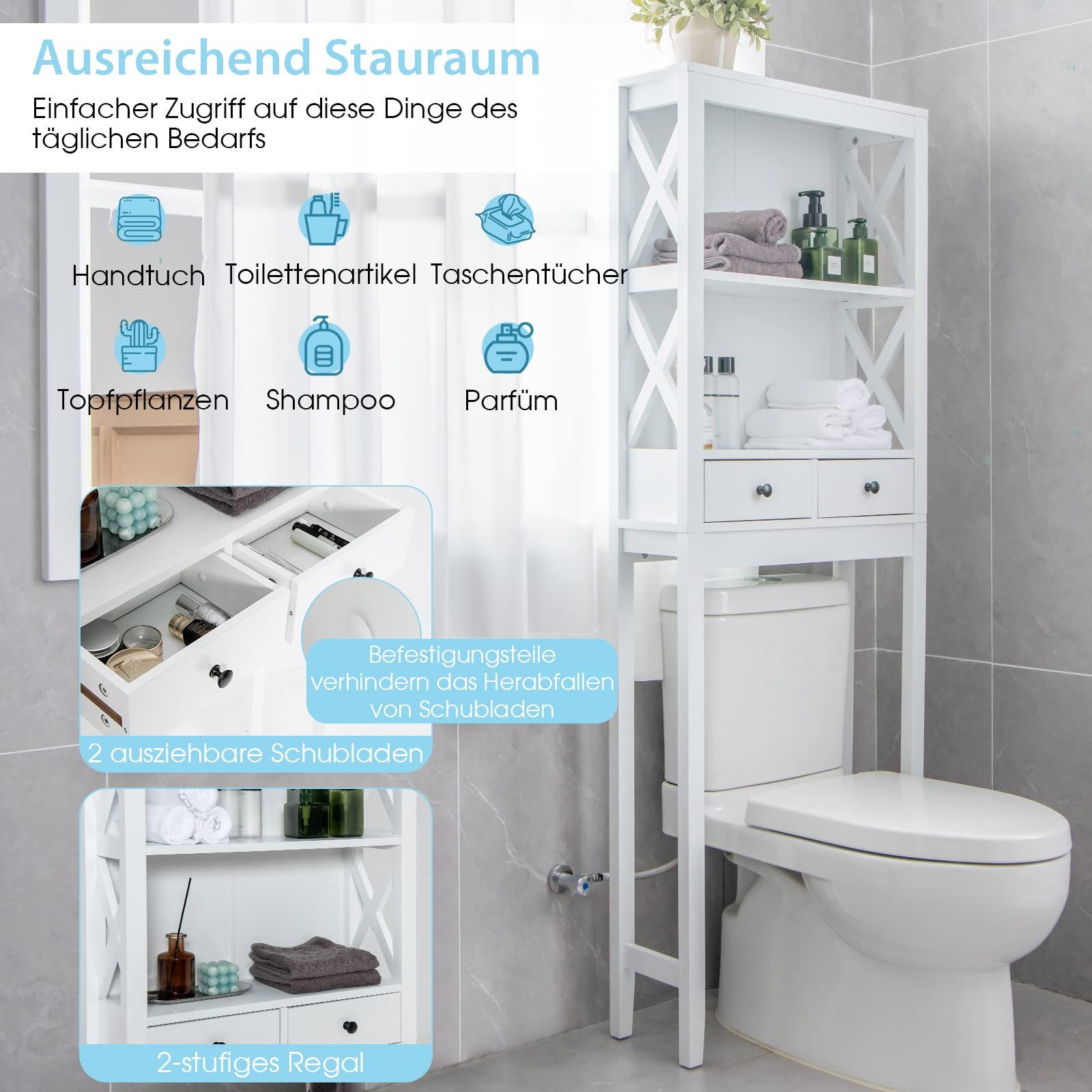 COSTWAY Badregal, 3-stöckiges Toilettenregal mit Regalen & 2 Schubladen günstig online kaufen