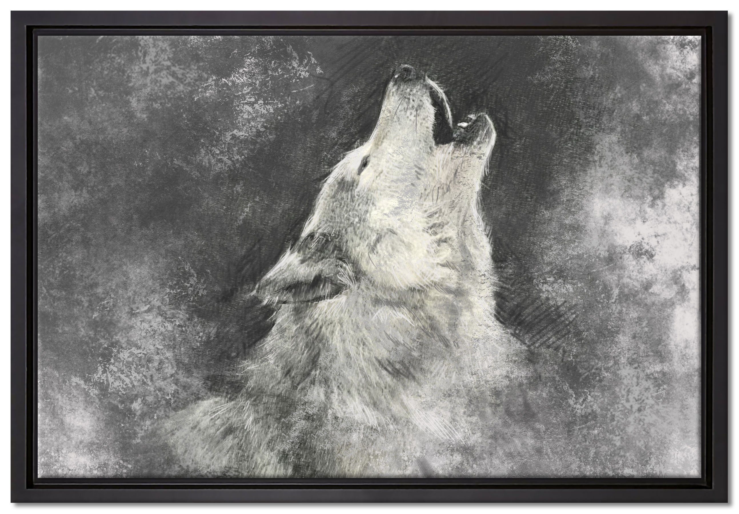 bespannt, in Leinwandbild (1 Wolf gefasst, St), Leinwandbild fertig Pixxprint Heulender Schattenfugen-Bilderrahmen Kunst, inkl. Wanddekoration einem Zackenaufhänger