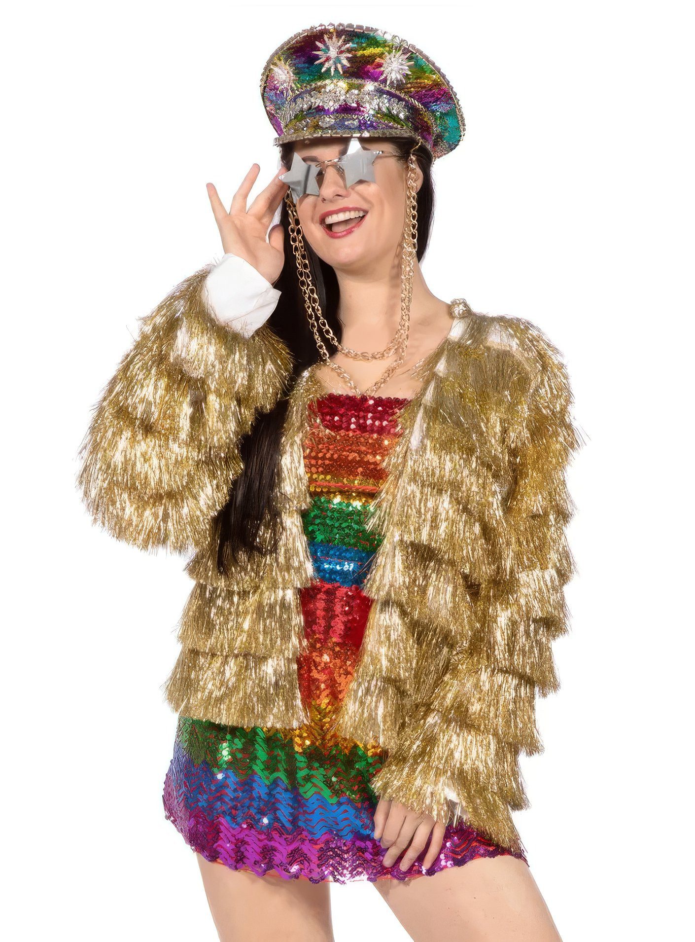 Metamorph Kostüm Glitzer Festivaljacke gold, Fransenjacke mit Lametta-Overload