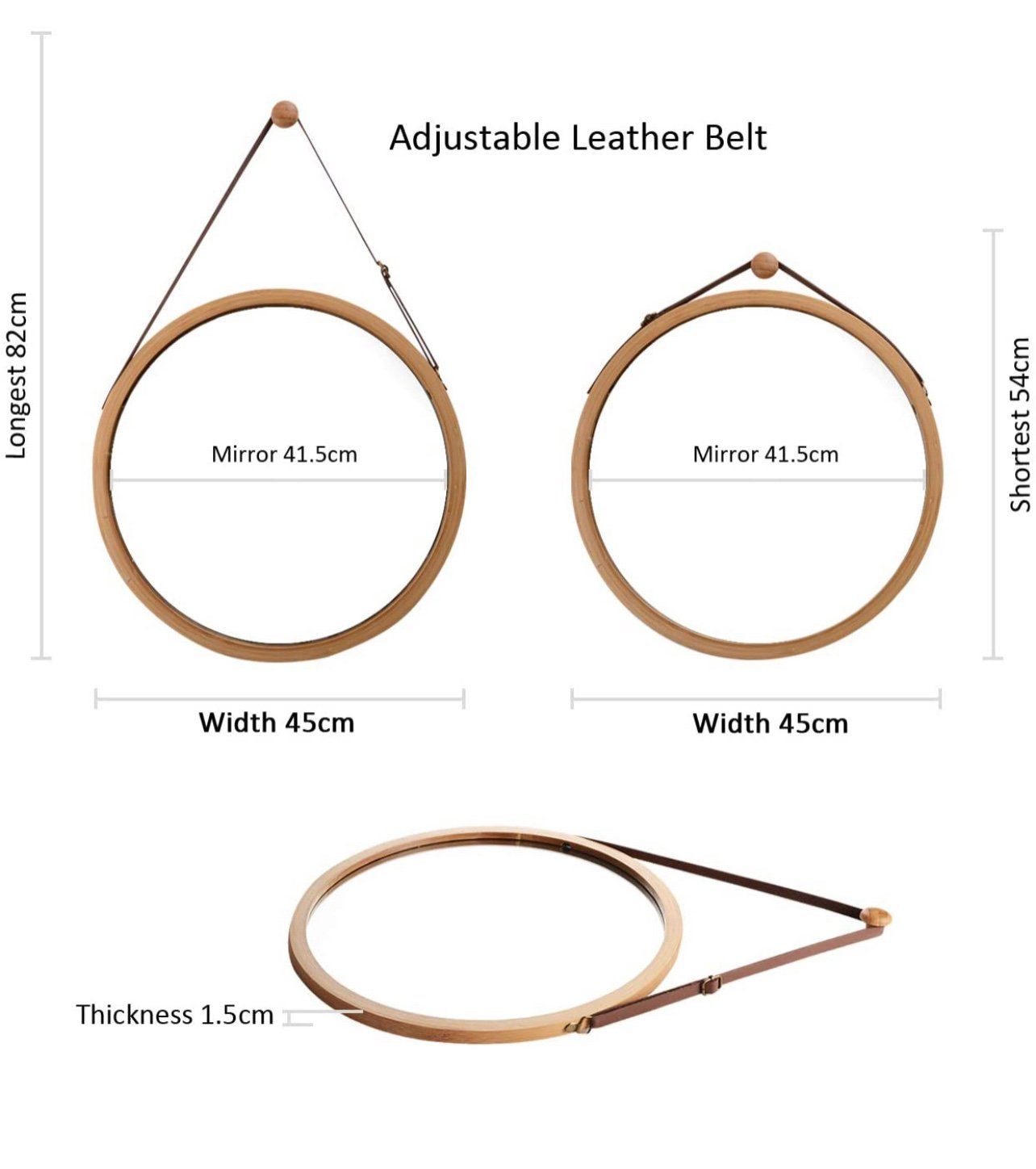 little dove Badspiegel Wandspiegel Rund Badspiegel mit Verstellbarer Lederband (45 cm)