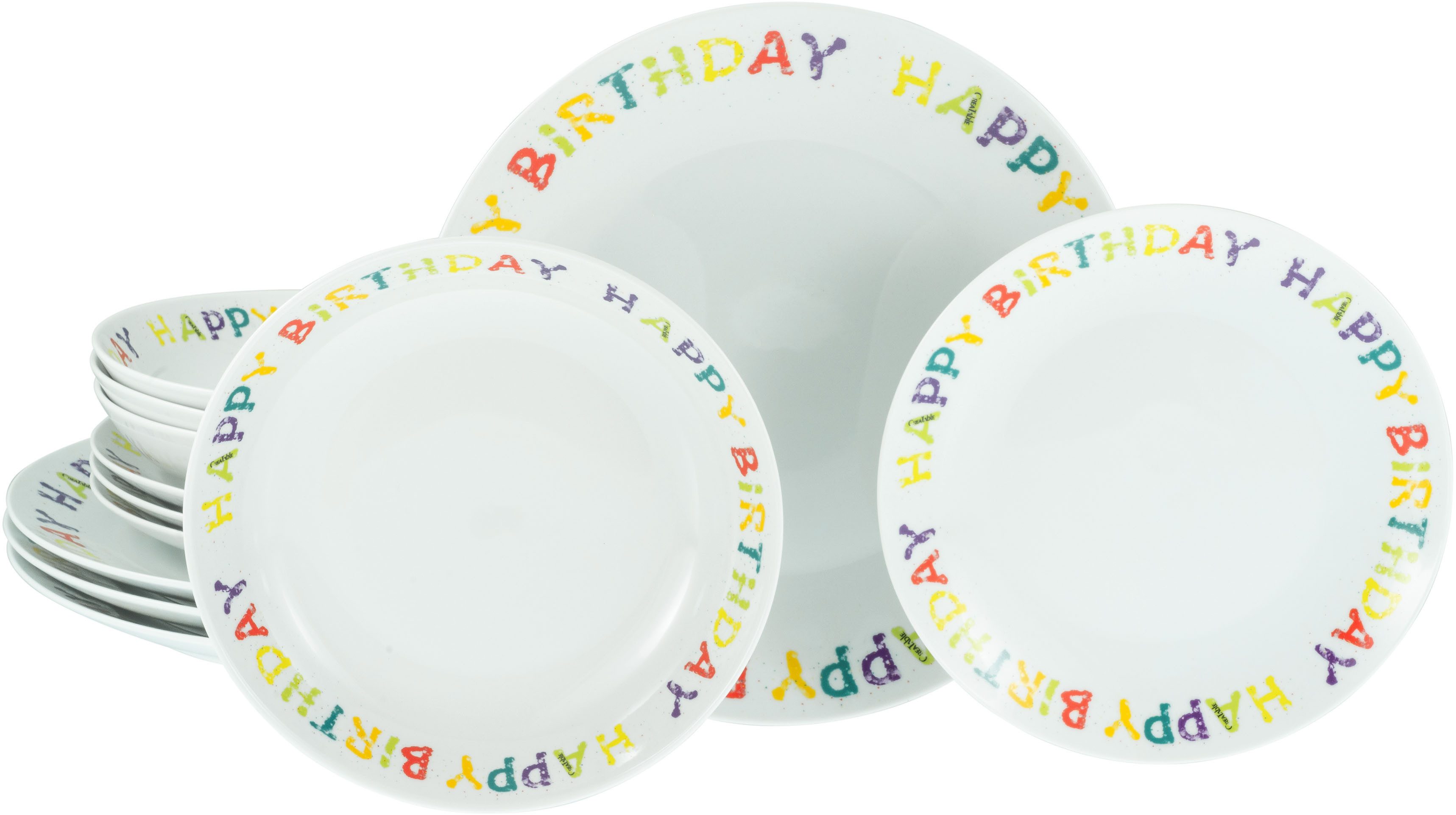 CreaTable Тарелки-Set Happy Birthday, Тарелкиset 12-tlg. (12-tlg), 4 Personen, Porzellan, Fröhliches buntes Geschirr, Für alle Geburtstagsfeierlichkeiten