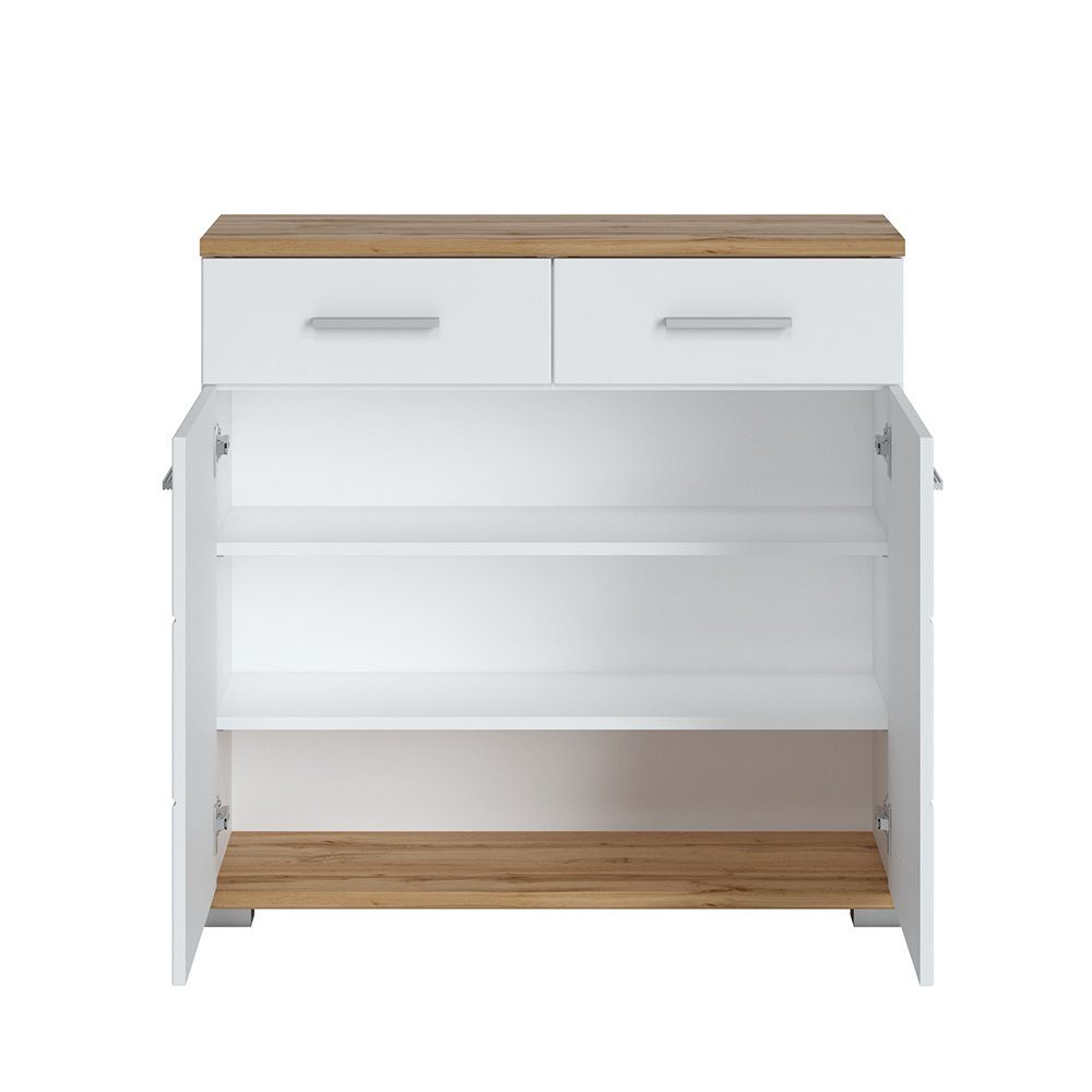 Lomadox Schuhkommode HUESCA-129, Schuhschrank mit 2 Türen, 2 Schubladen, in Hochglanz weiß mit Eiche