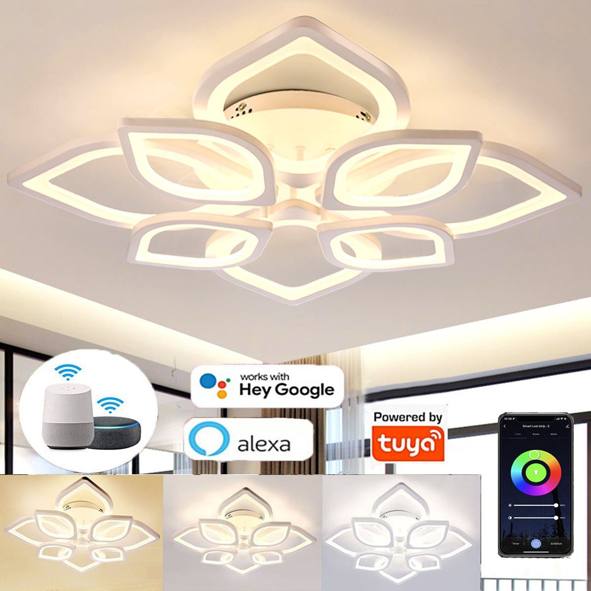 oyajia Deckenleuchte 80W LED Deckenlampe,Dimmbar mit APP und  WIFI-steuerung, aus Metall Acryl in Blumenförmiges Design, LED Deckenleuchte  für Alexa und Google-Assistant