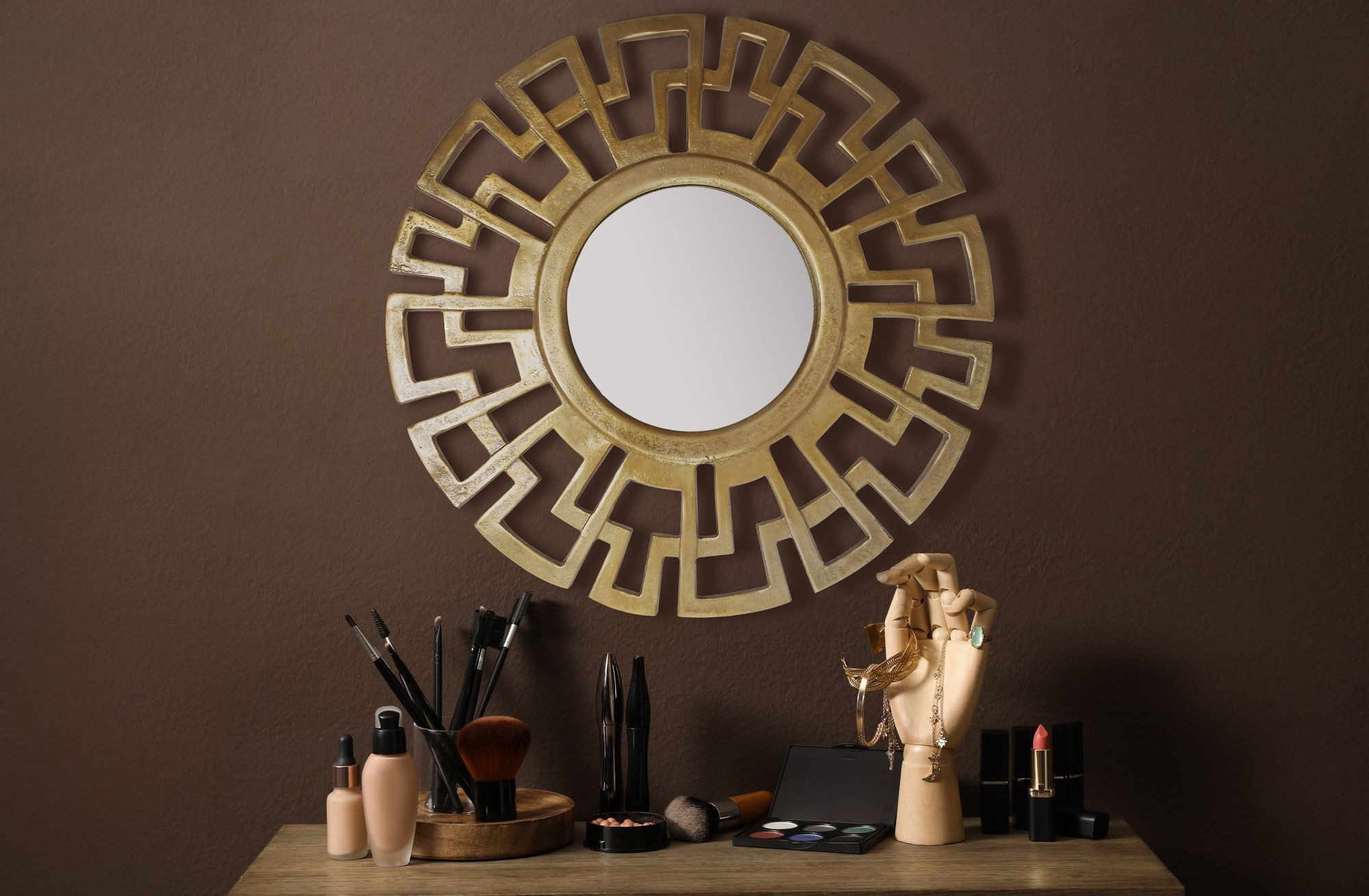 FINEBUY Spiegel Wandspiegel Flurspiegel Rund Metall 60 cm Spiegel Flur Hängespiegel (Dekospiegel Wand Art déco Rund, Gold Metall 60 cm), Flurspiegel Garderobenspiegel, Hängespiegel Modern