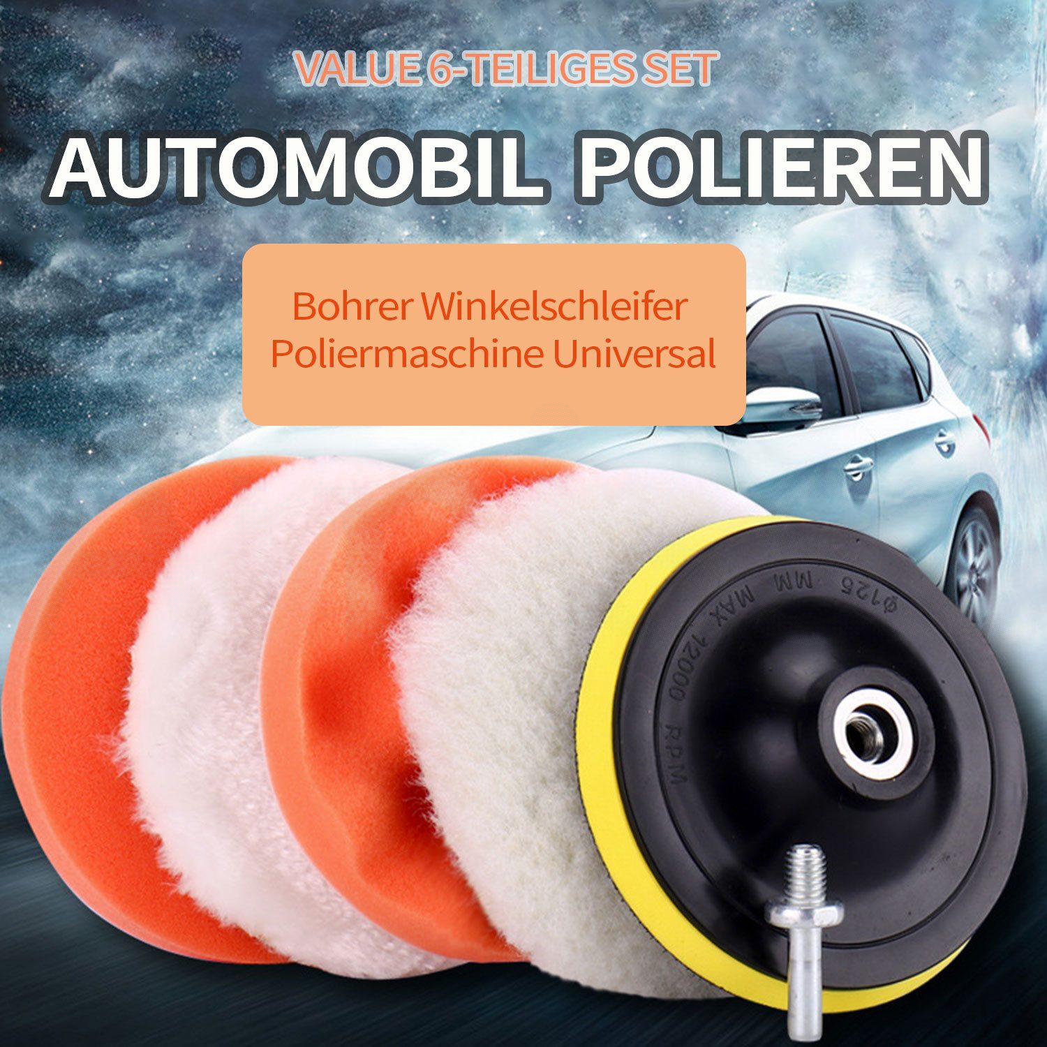Refttenw Polierpad Polierschwämme für Poliermaschine zum Polieren Schleifen Wachsen, 6-tlg Polieren Pads,4 Polierpads+1 Gewindebohrer-Adapter