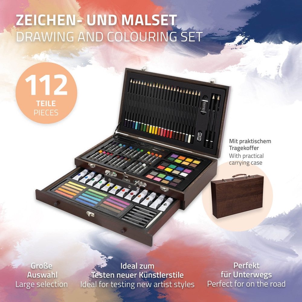 ECD Germany Kreativset Kunst- und Zeichenset Malkoffer für Kinder und Erwachsene, (112-tlg), 112 Teilig Buntstifte Öl- und Acrylfarben Malkreiden Wasserfarben