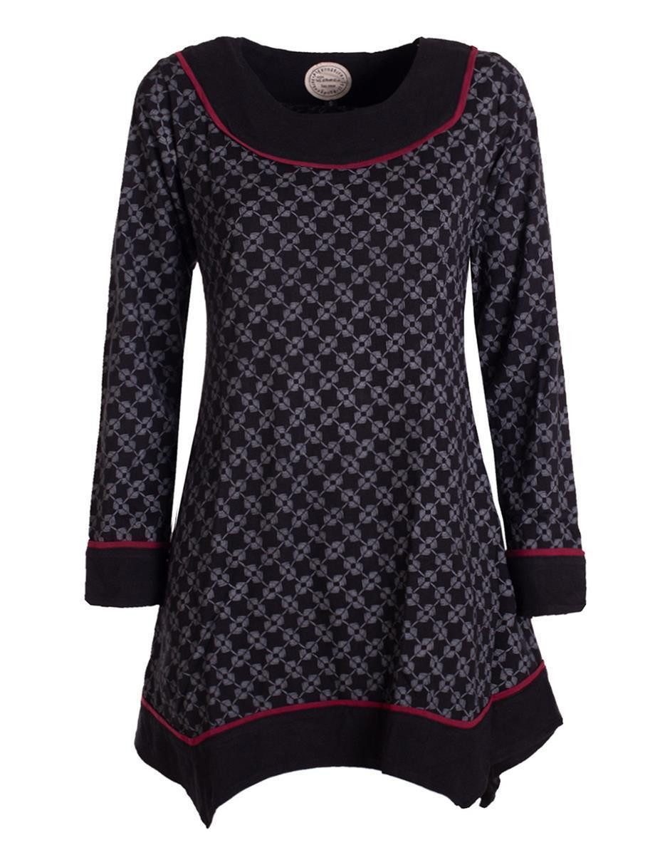 Tunikakleid Langarm Damen Tunika Shirt-Kleid Ethno Zipfel-Bluse Blusenkleid