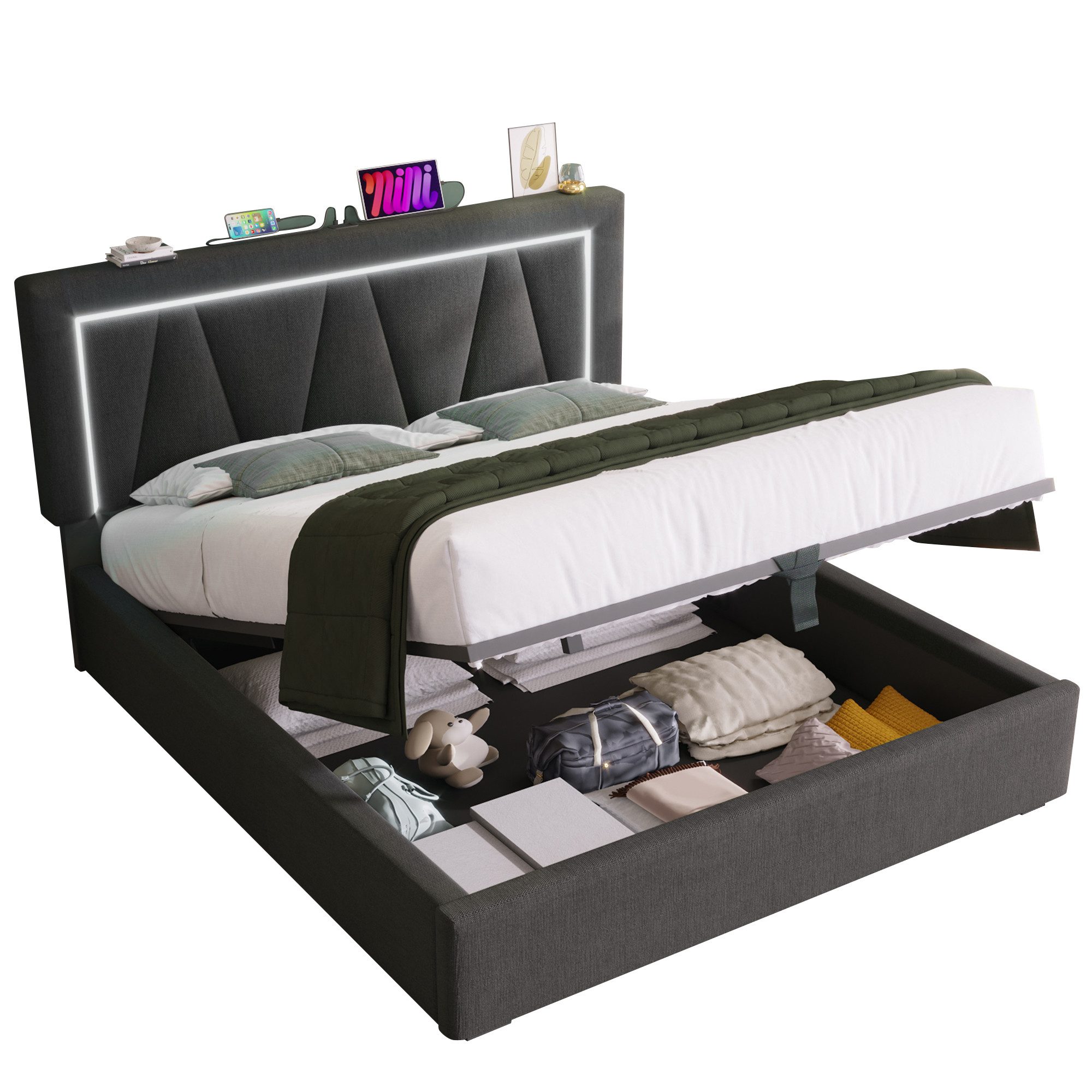 Flieks Polsterbett, LED Doppelbett Stauraumbett + günstig online kaufen
