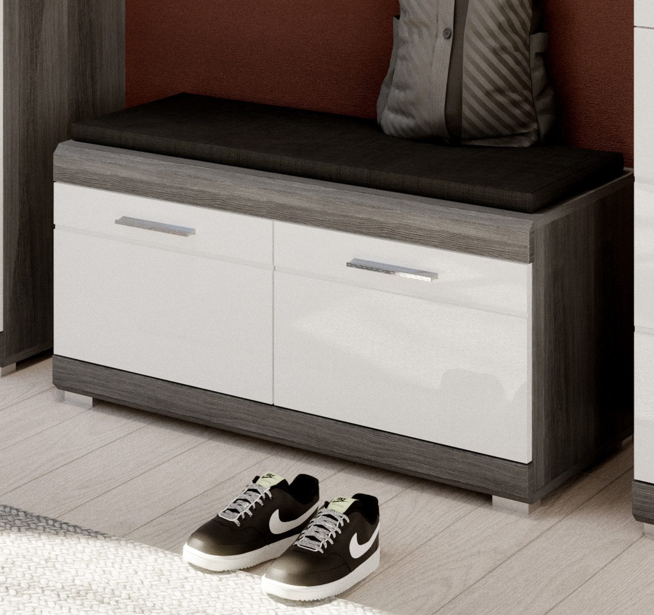 Inn.Furn Sitzbank Shawn (Garderobenbank grau und weiß Hochglanz, 90 x 44 cm), mit 4 Fächern