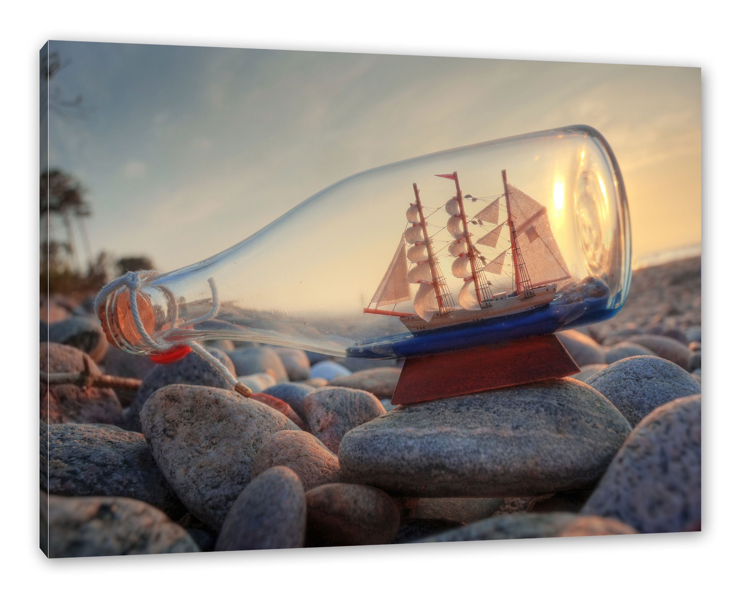 Pixxprint Leinwandbild Flasche mit Schiff, Flasche mit Schiff (1 St), Leinwandbild fertig bespannt, inkl. Zackenaufhänger | Leinwandbilder