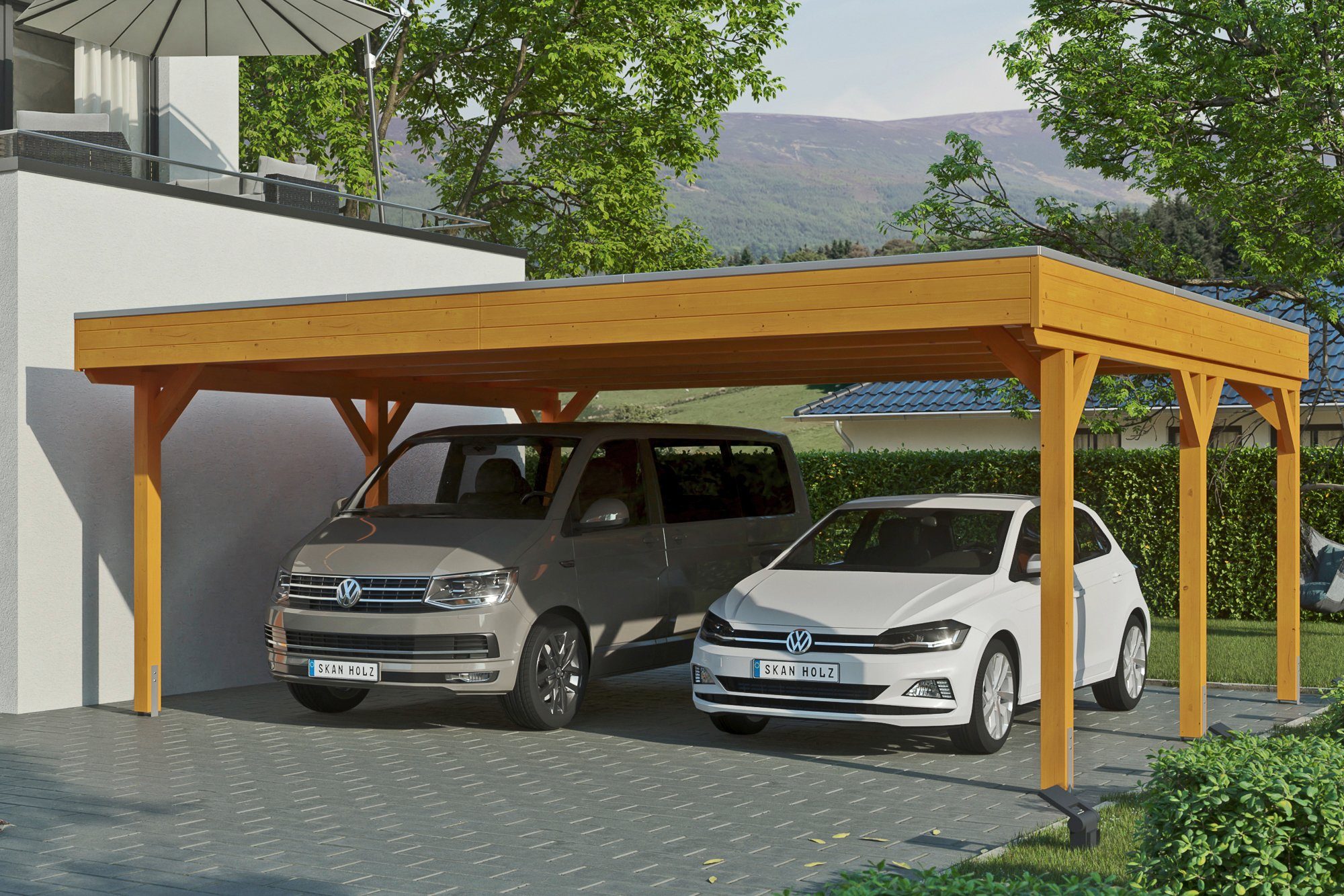 Skanholz Doppelcarport Grunewald, BxT: 622x554 cm, 590 cm Einfahrtshöhe,  mit EPDM-Dach, Flachdach-Carport, farblich behandelt in eiche hell