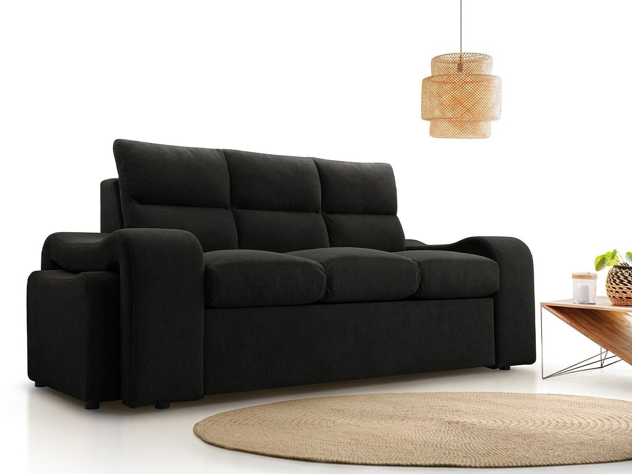 einer zwei Curio auf Sitzpuffs, VASTO, Wellenfeder Sofa MÖBEL Stil, MKS im Dreisitzer modernen Schwarz mit