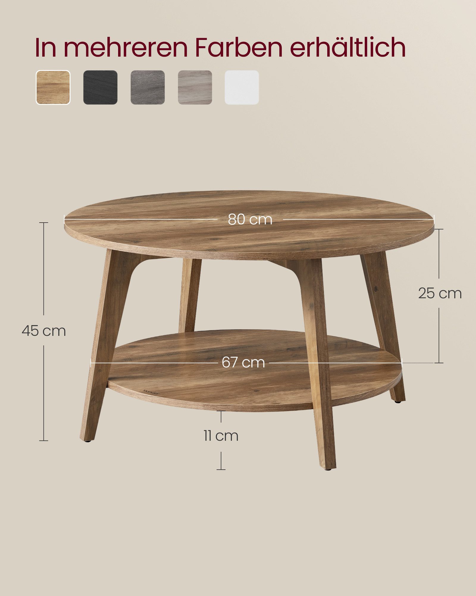 VASAGLE Couchtisch rund mit Ablage, Holzoptik, modern skandinavisch, Beistelltisch (inkl. Zubehörpaket & Anleitung), Wohnzimmertisch 2 Ebenen, Ø 80 cm, einfach zu montieren