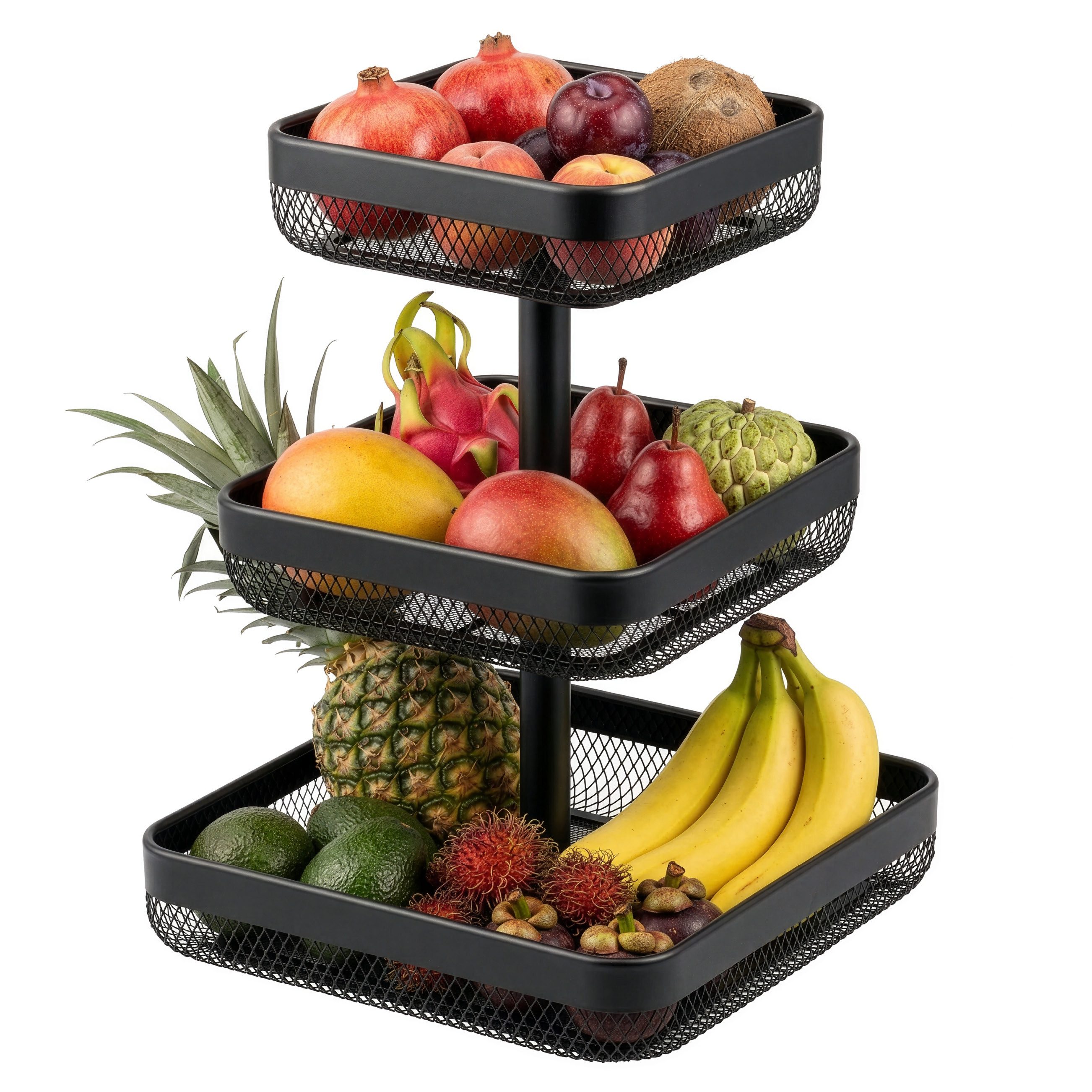 eluno Obstschale eckig 3-stöckig, 20 cm, 25 cm und 30 cm, Metall