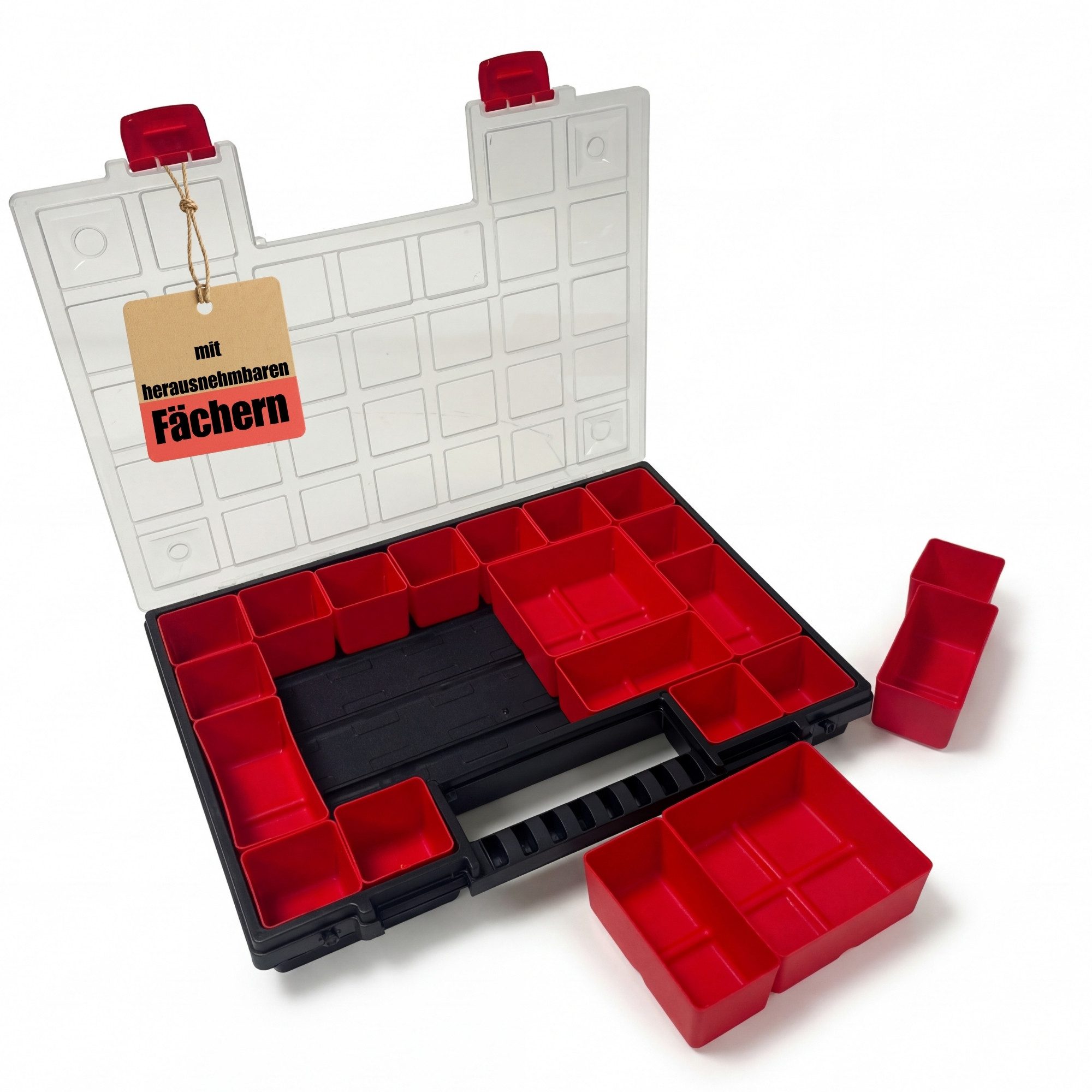 BigDean Sortimentskasten mit herausnehmbaren roten Fächern ideal für Kleinteile Werkzeug (Packung, 1 St., Packung), Herausnehmbare Fächer, Übersichtliches System, Robust