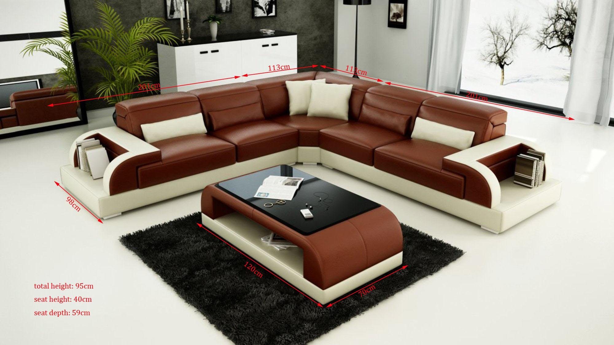 JVmoebel Wohnzimmer-Set Ecksofa L-Form + Couchtisch Sofa Couch Design Polster Leder Modern Braun/Beige