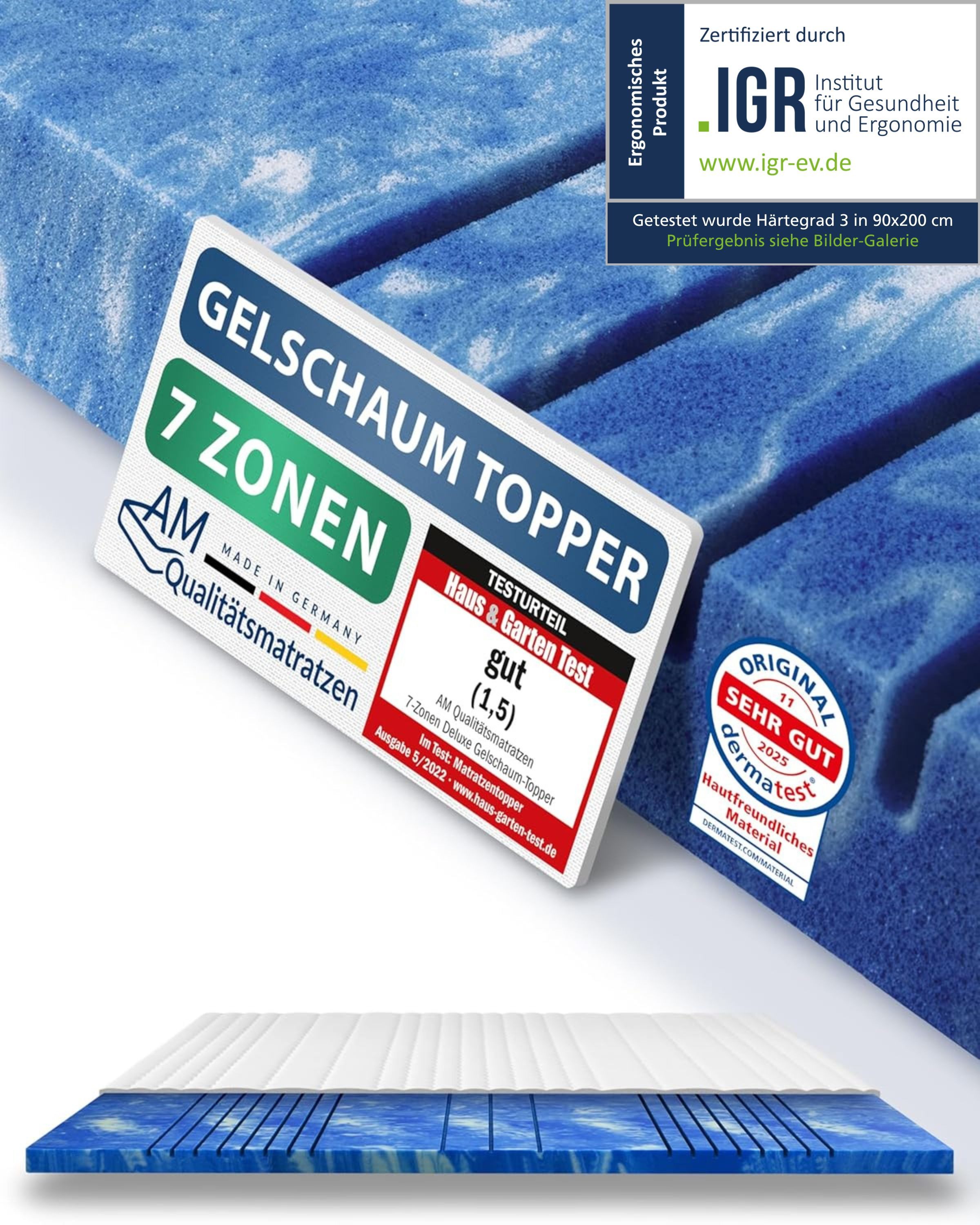 AM Qualitätsmatratzen, Topper 7-Zonen Memory Foam Gelschaum-Topper, Optimale Druckentlastung, RG50, 8 cm hoch, Gelschaum, 80x200 cm