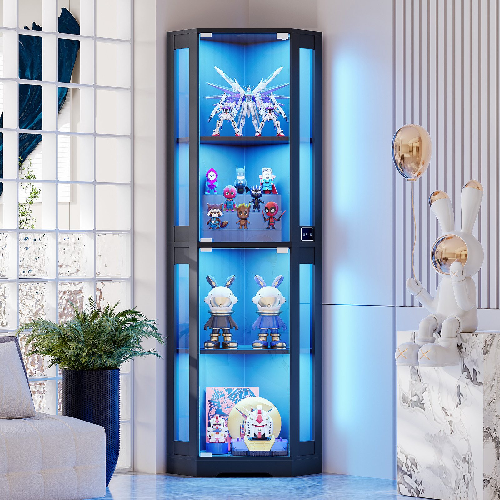 BROTTAR Eckvitrine 4-stöckiger Eckglasanzeigeschrank mit LED -Leuchten (1-St) modernes griffloses Design, 9kg Tragkraft pro Regal