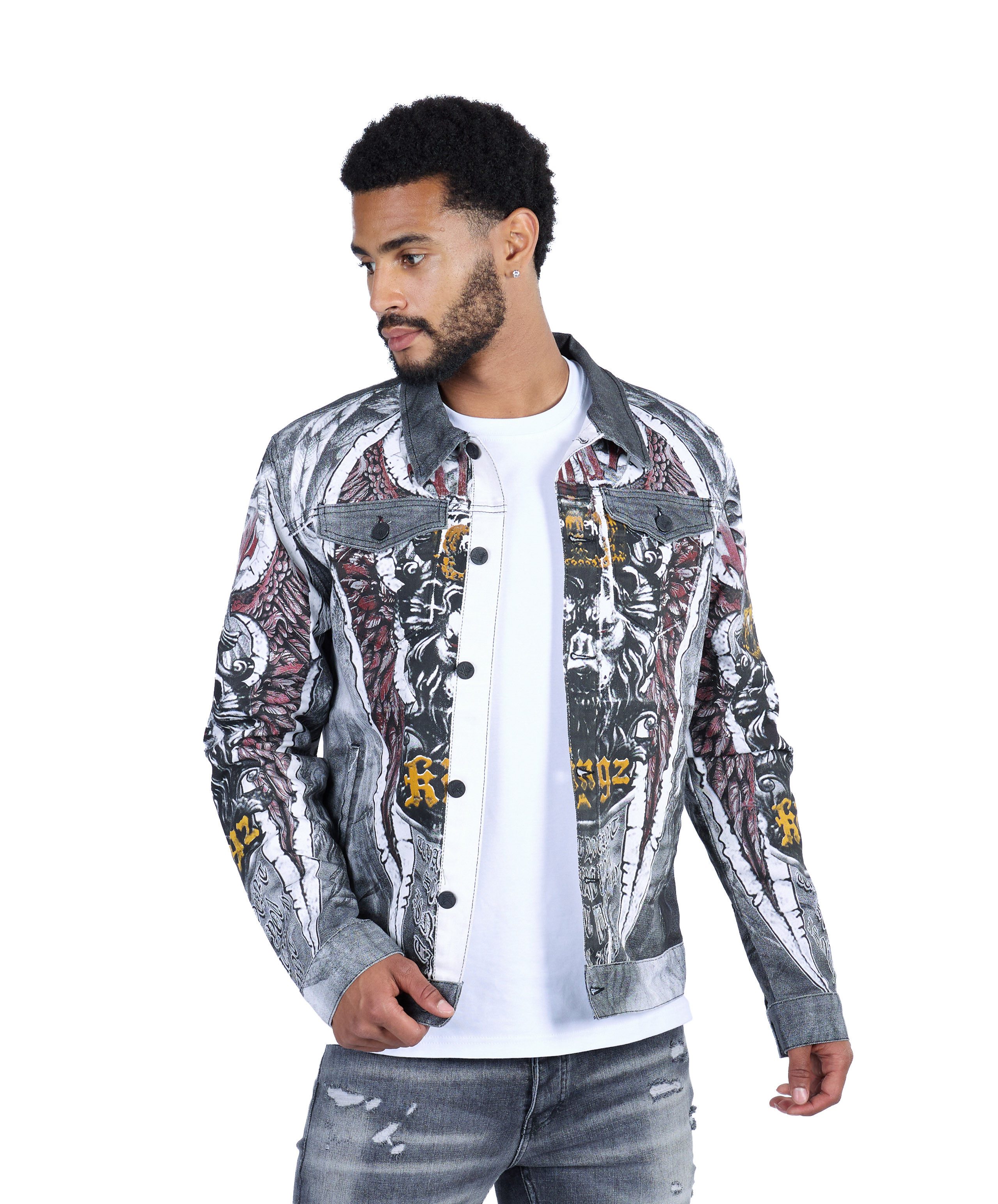 KINGZ Jeansjacke Designer Jeansjacke mit All-Over Print Weiß M