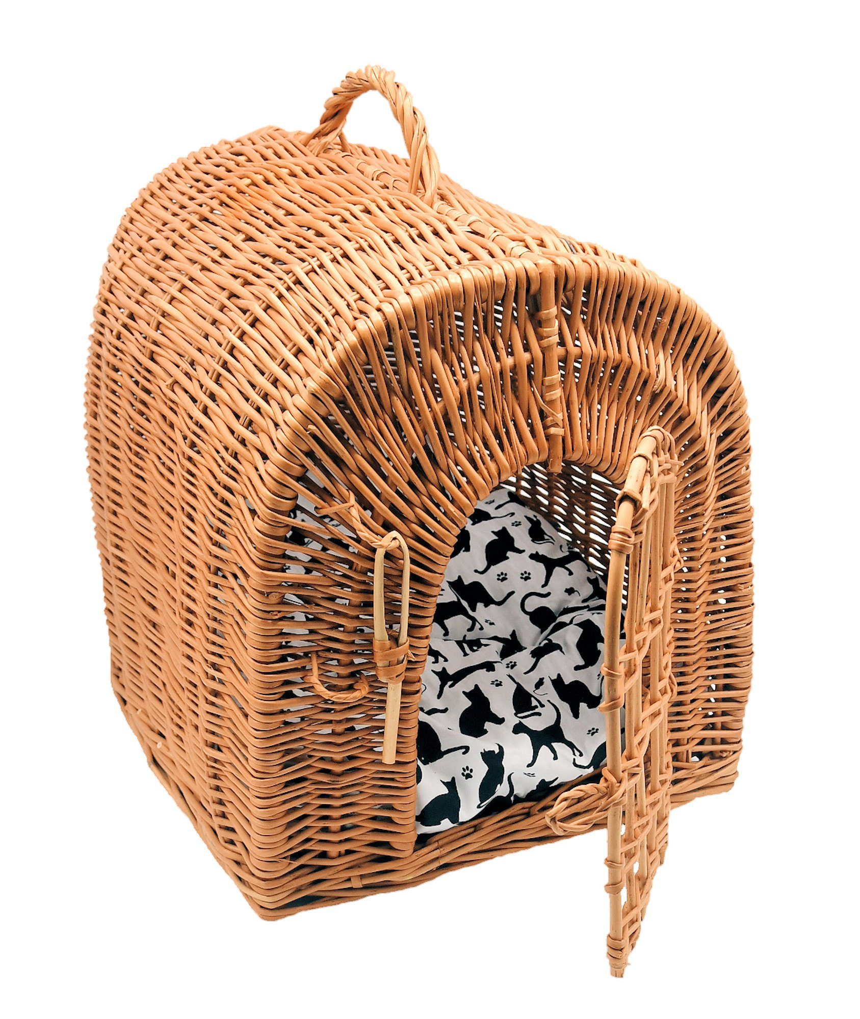MyBer® Tiertransportbox Katzentransportbox Katzen Katzenkorb Katzenhöhle aus Weide braun, geflochten mit Gitter und Kissen Handarbeit 32/47/36cm K5-080-SBWK