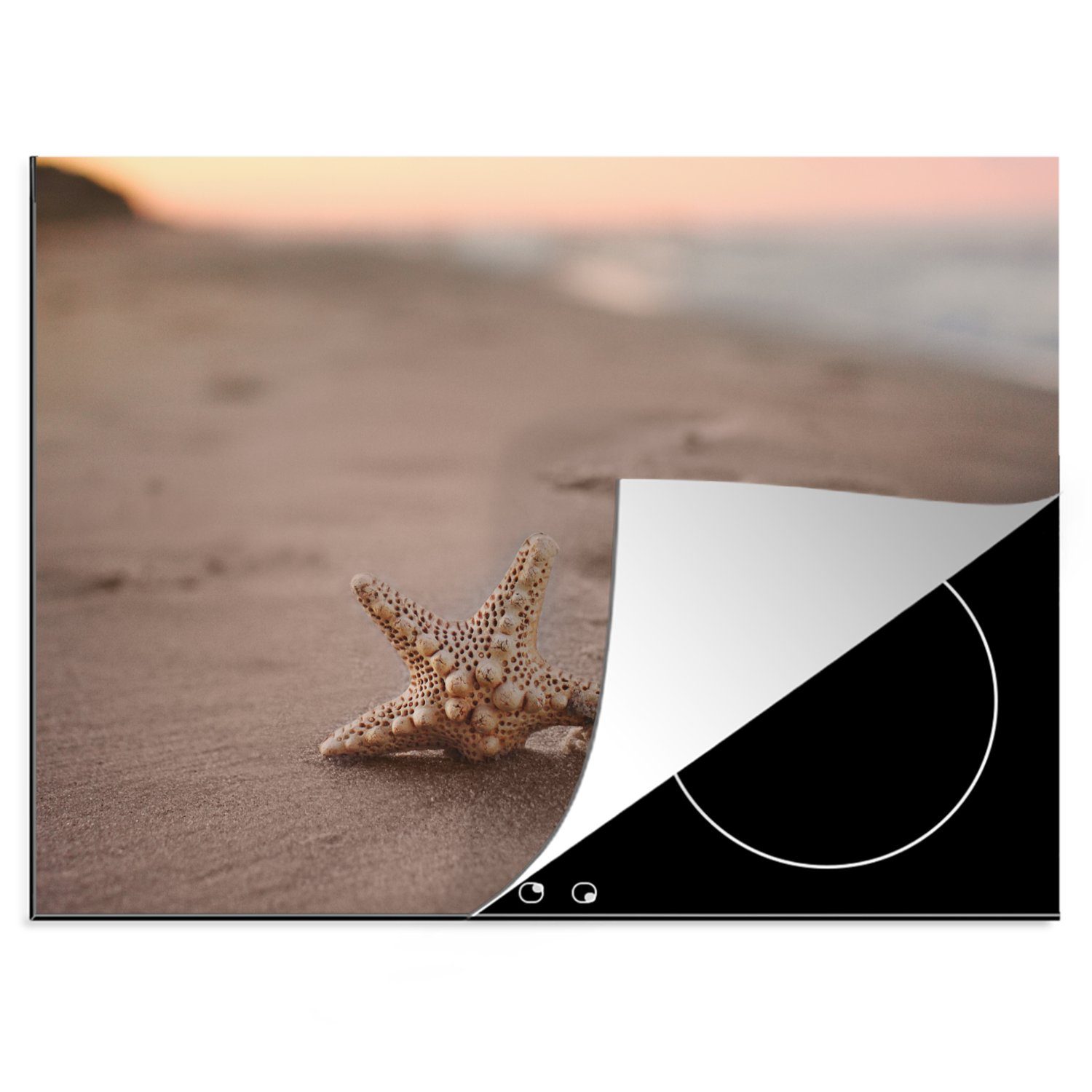 MuchoWow Herdblende-/Abdeckplatte Seestern - Sand - Sonne, Vinyl, (1 tlg), 70x52 cm, Mobile Arbeitsfläche nutzbar, Ceranfeldabdeckung