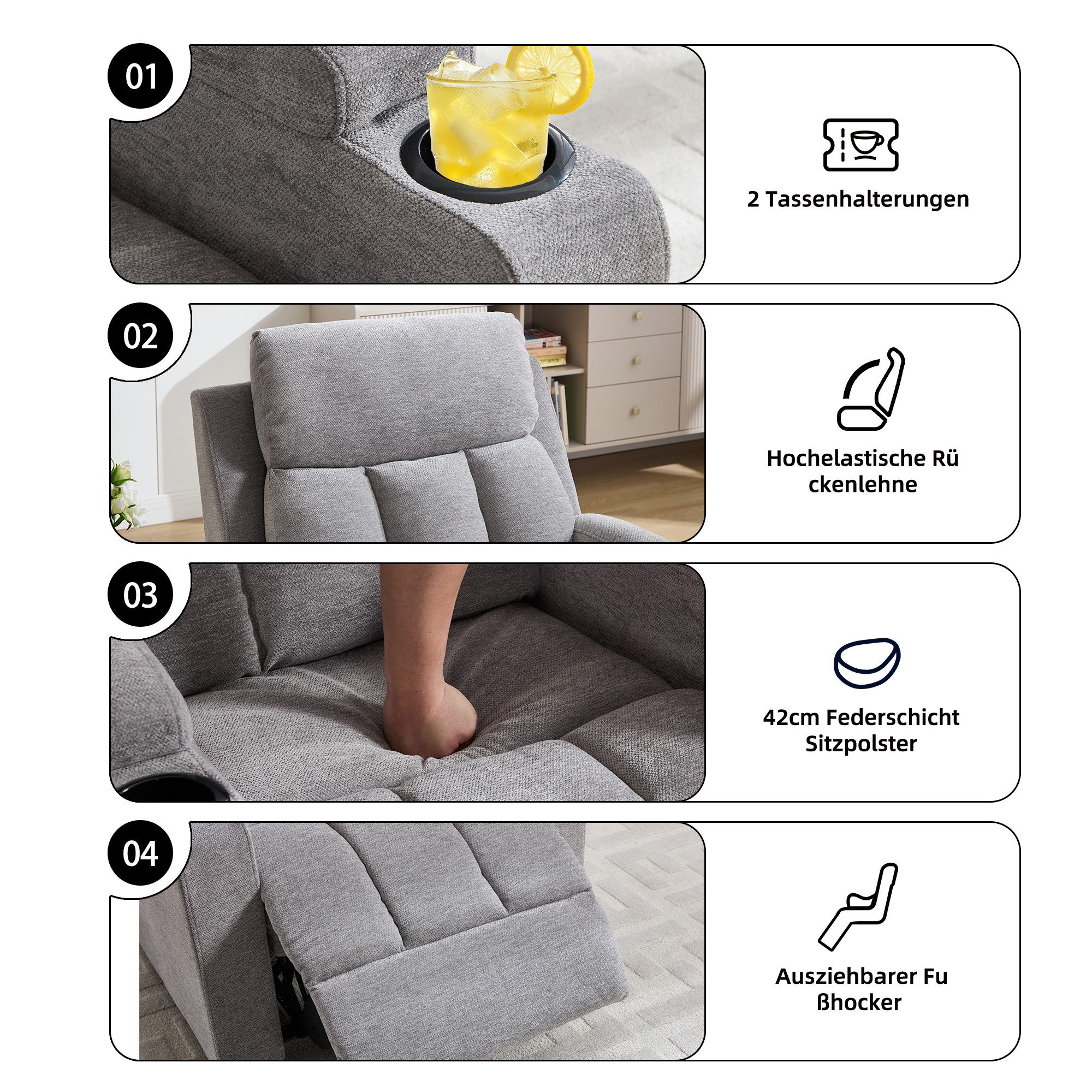 Bonzy Home TV-Sessel Relaxsessel mit Liegefunktion, Fernsehsessel, Wohnzimmer 90 °-160 ° (1-St), Manueller Verstellbarer Relaxsessel mit Fußstütze und Becherhal – Bild 5 von 5