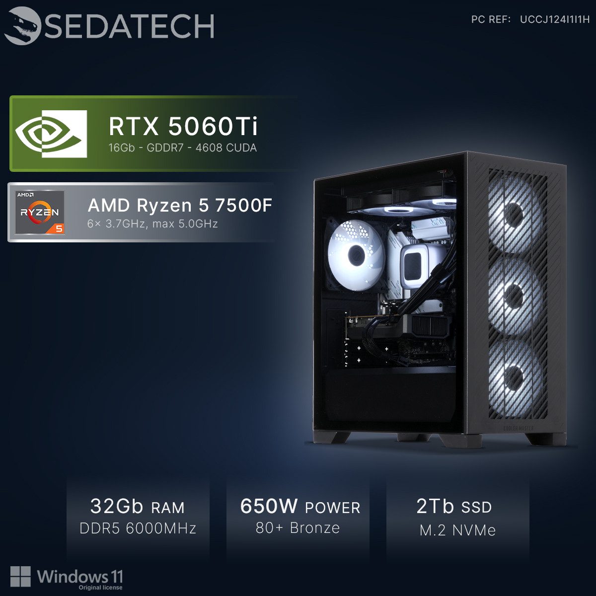 Sedatech UCCJ124I1I1HF - Watercooling Gaming-PC (AMD Ryzen 5 7500F 6x 3.7GHz (max 5.0GHz), Geforce RTX5060Ti (16G) 16GB, 32 GB RAM, 2000 GB SSD, Watercooling, Wlan 6E)