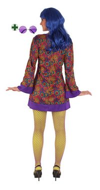 Karneval-Klamotten Hippie-Kostüm Damenkostüm Woodstock mit Hippie Brille groß, Kleid lila-bunt, V-Ausschnitt, mit Haarband und flieder Brille