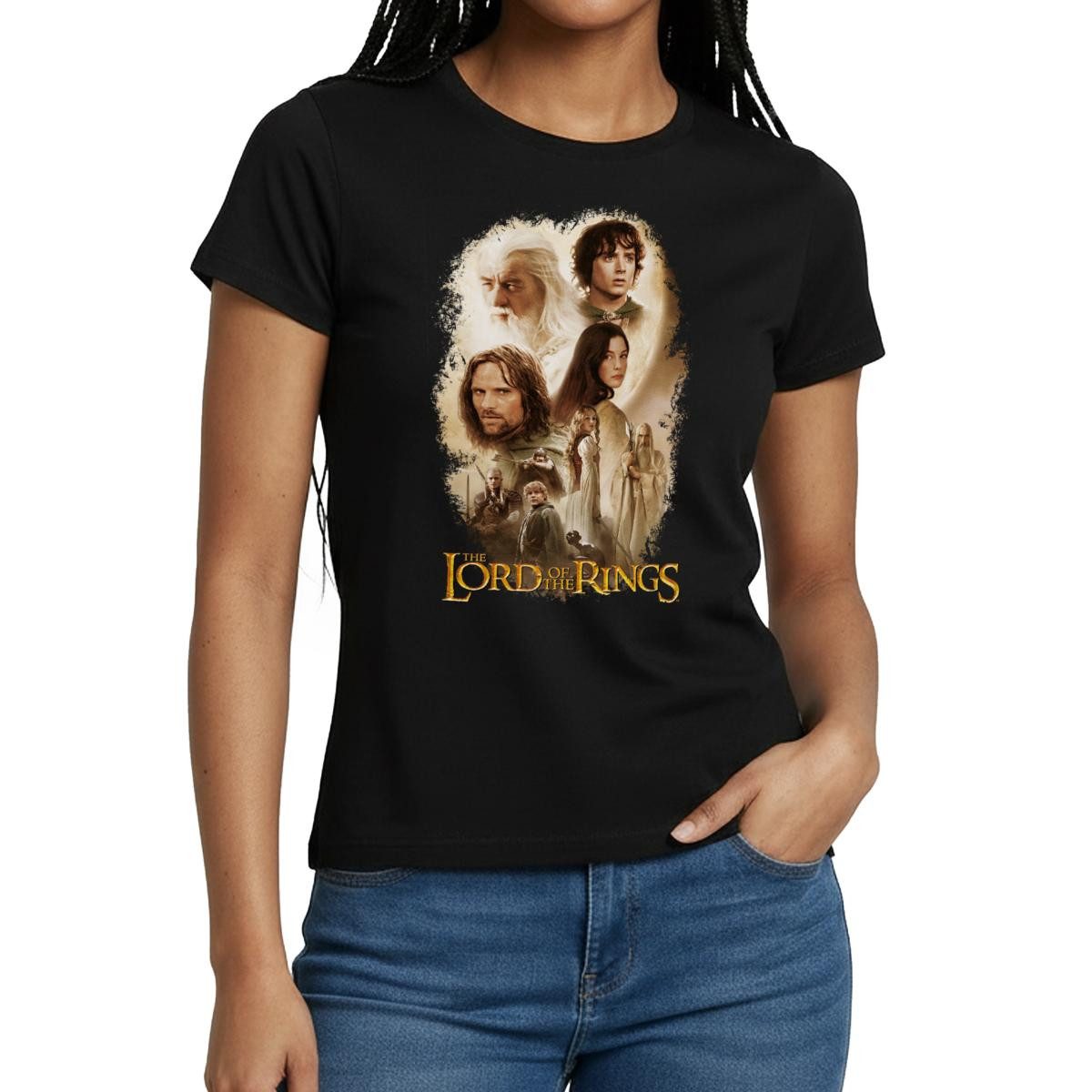 Spreadshirt T-Shirt Der Herr Der Ringe Logo Mit Frodo, Gandalf Und Co Frauen T-Shirt (1-tlg) Slim Fit, fällt klein aus