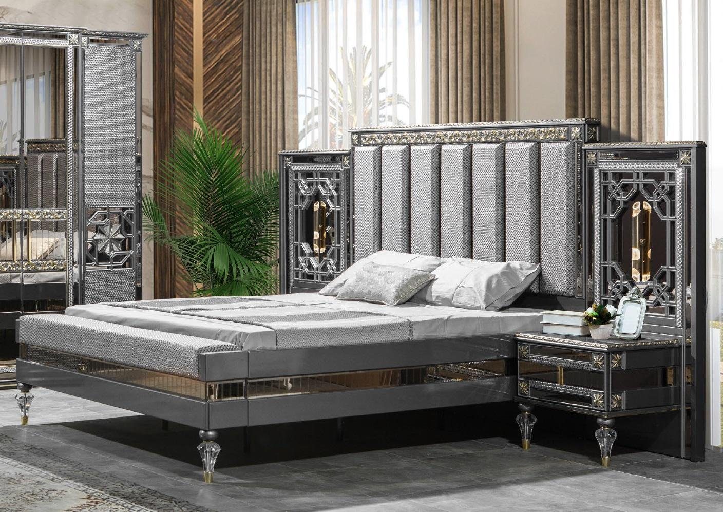 JVmoebel Schlafzimmer-Set Graues Schlafzimmer Bett Königliches Barock Zimmer Betten 3tlg. Set, (Bett + 2x Nachttische), Made in Europe | Komplett-Jugendzimmer