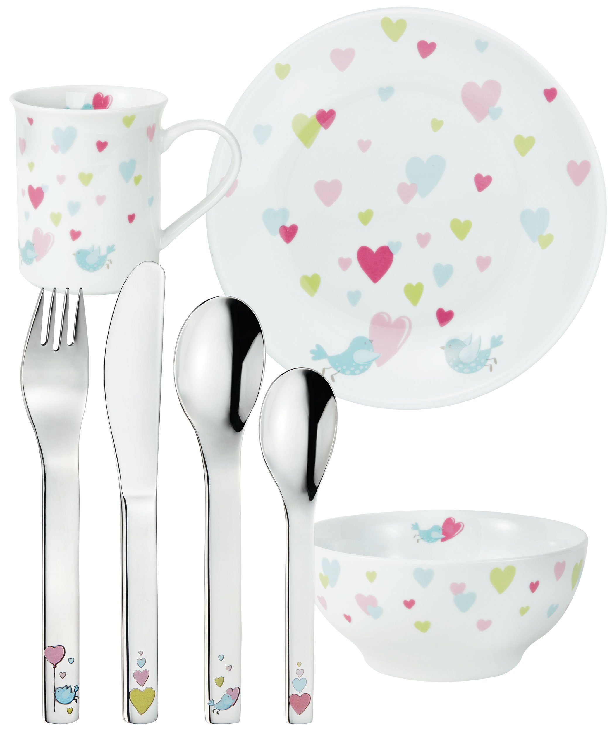 PURESIGNS Kindergeschirr-Set CORA (7-tlg), 1 Personen, Edelstahl 18/10, Porzellan, Plastikfreier Essgenuss für die Kleinen