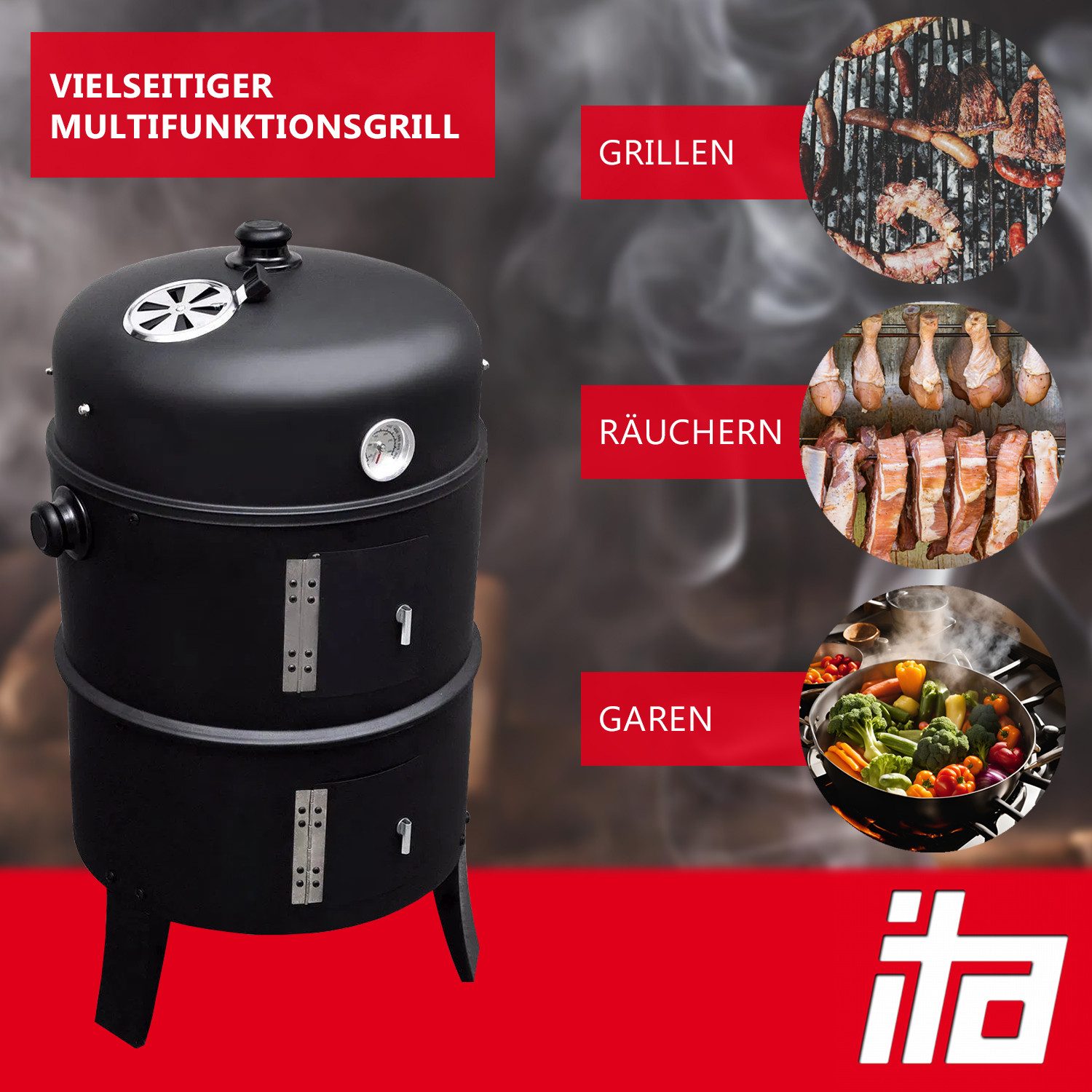 ITA Kombigrill Räuchergrill 3in1 Multifunktional - Grillen, Räuchern, Garen - Smoker, Modularer Holzkohlegrill Grilltonne mit Thermometer & Luftabzug