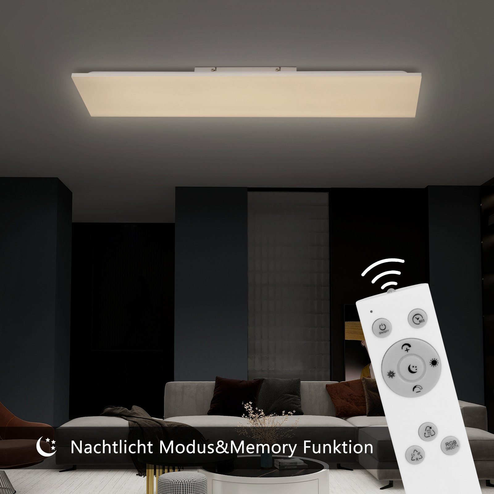 Nettlife Deckenleuchten LED Deckenlampe Dimmbar Schlafzimmer Eckig  Fernbedienung Weiß, Dimmbar, Augenschutz, RGB, Speicherfunktion und  Nachtlichtmodus, Flimmerfrei, Energiesparen, LED fest integriert,  Tageslichtweiß, RGB Farbwechsel