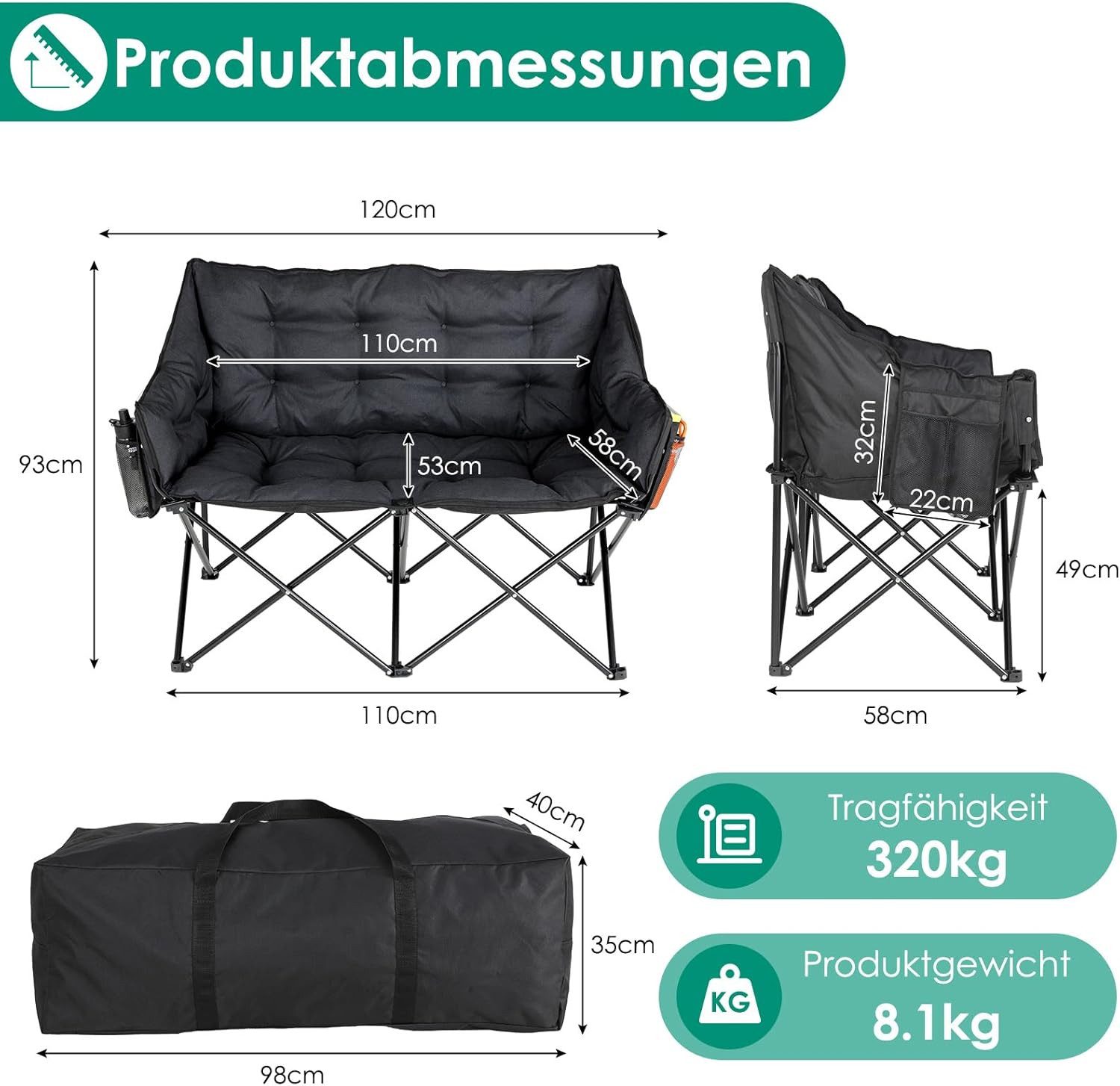 TLGREEN Campingstuhl Doppel Campingstuhl Klappbar 320KG Belastbar (Gepolstert XXL Outdoor Klappstuhl mit Seitentaschen & Rückentasche), Campingsofa 2 Personen f – Bild 3 von 5