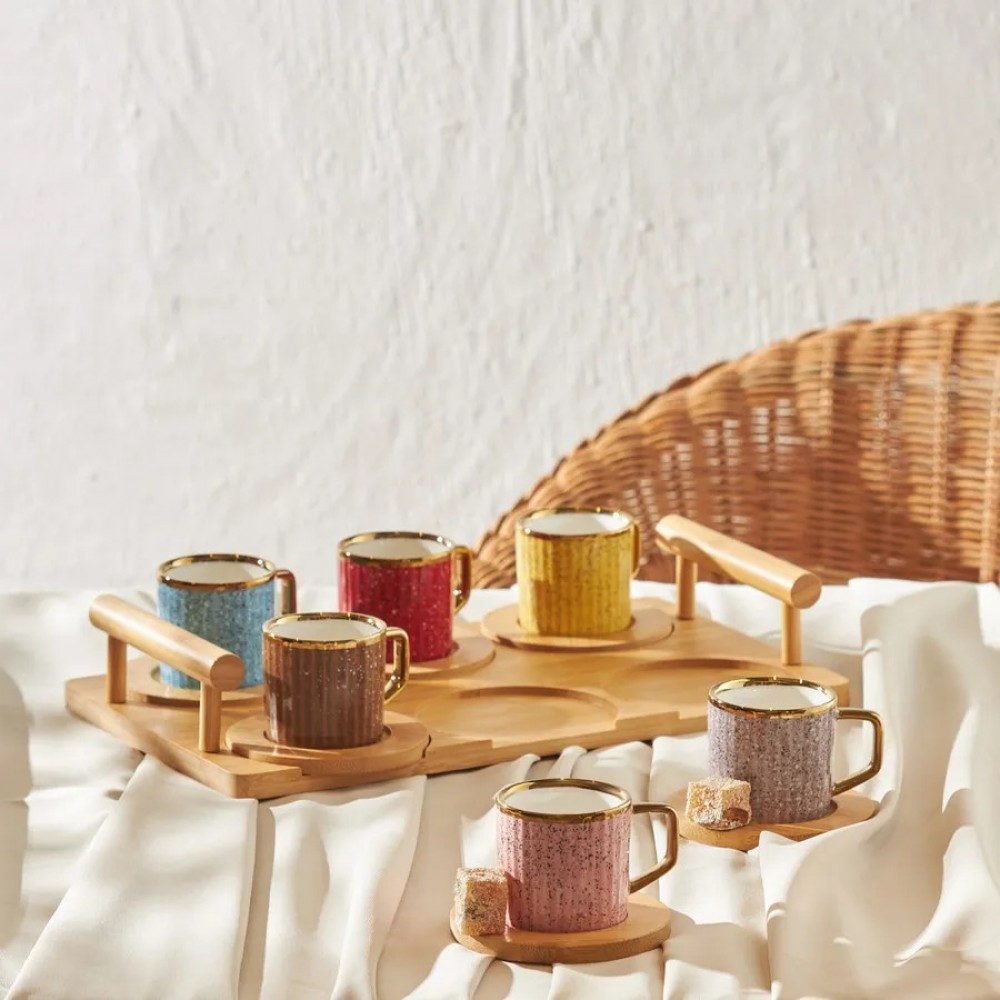 Karaca Kaffeeservice Bambus farbige Kaffeetasse Set, 6 Personen, 90 ml