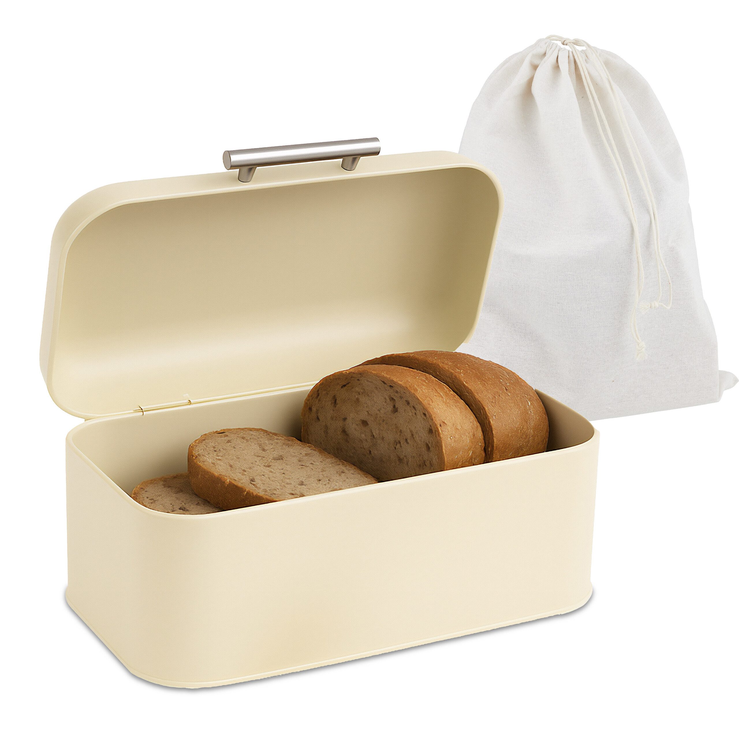 relaxdays Brotkasten mit Deckel und Brotbeutel, Eisen, Beige