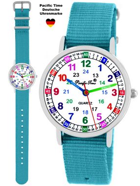Pacific Time Quarzuhr mit 2 Tausch Armbändern hellblau und Regenbogen Einhorn Look 12938, - Gratis Versand
