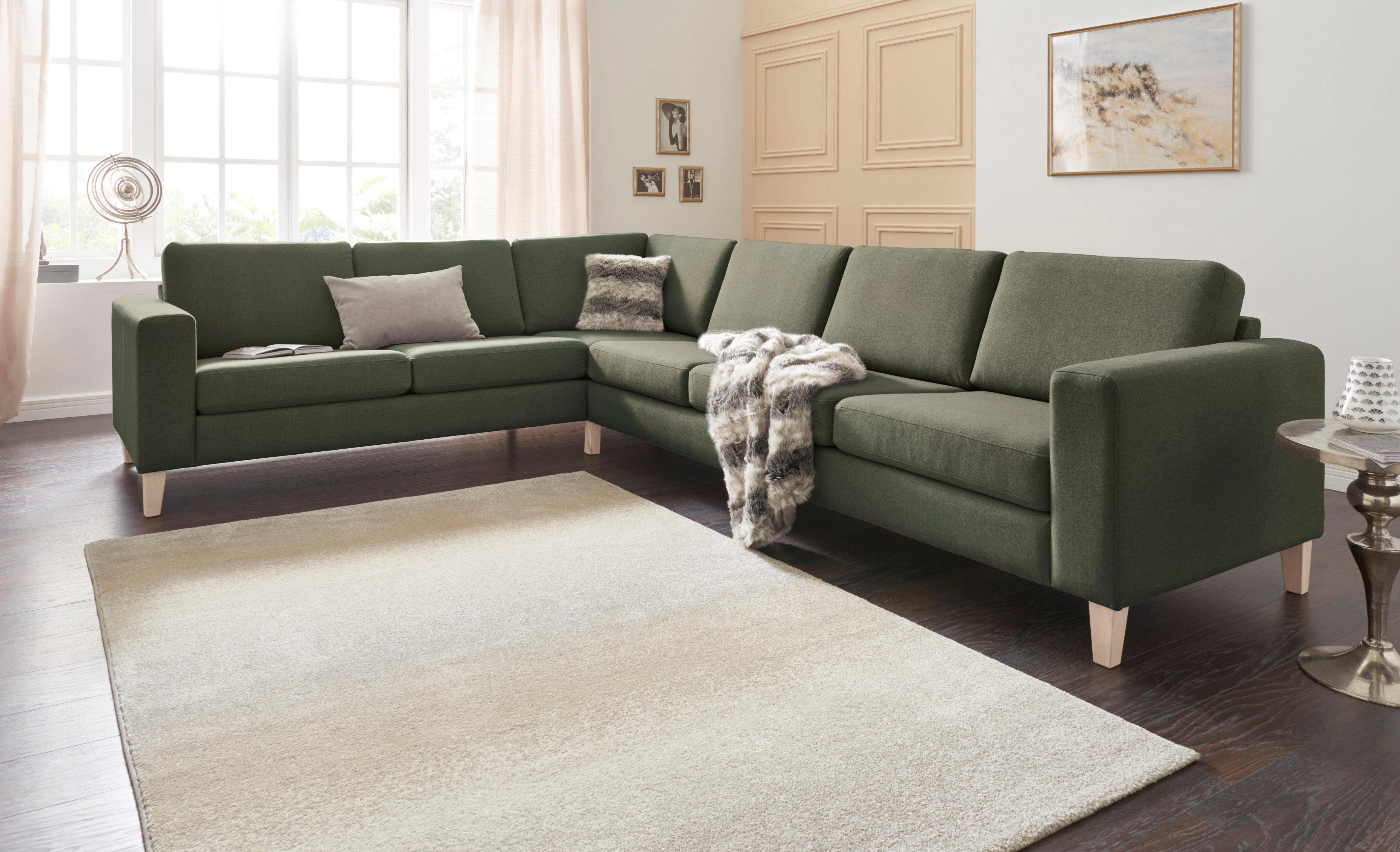 ATLANTIC home collection langer montierbar Terra, dunkelgrün Wellenunterfederung, rechts Schenkel Ecksofa mit oder links