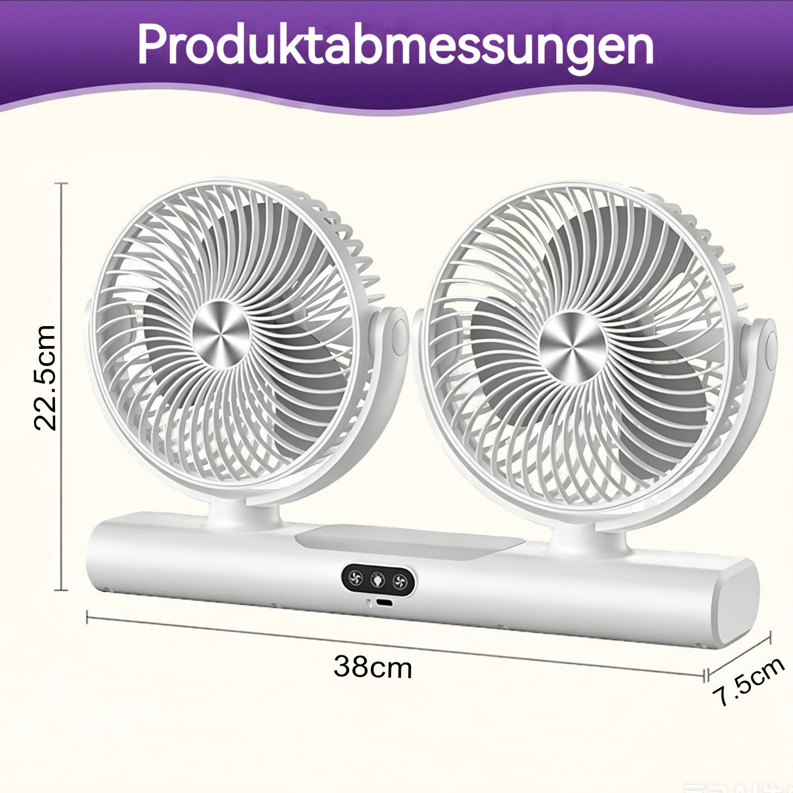 VIVIHEYDAY Akku-Ventilator Doppelkopf-Ventilator, wiederaufladbarer USB-Ventilator mit licht, & Haken, 360° drehbar, Auto-Luftzirkulator für Zuhause, Camping