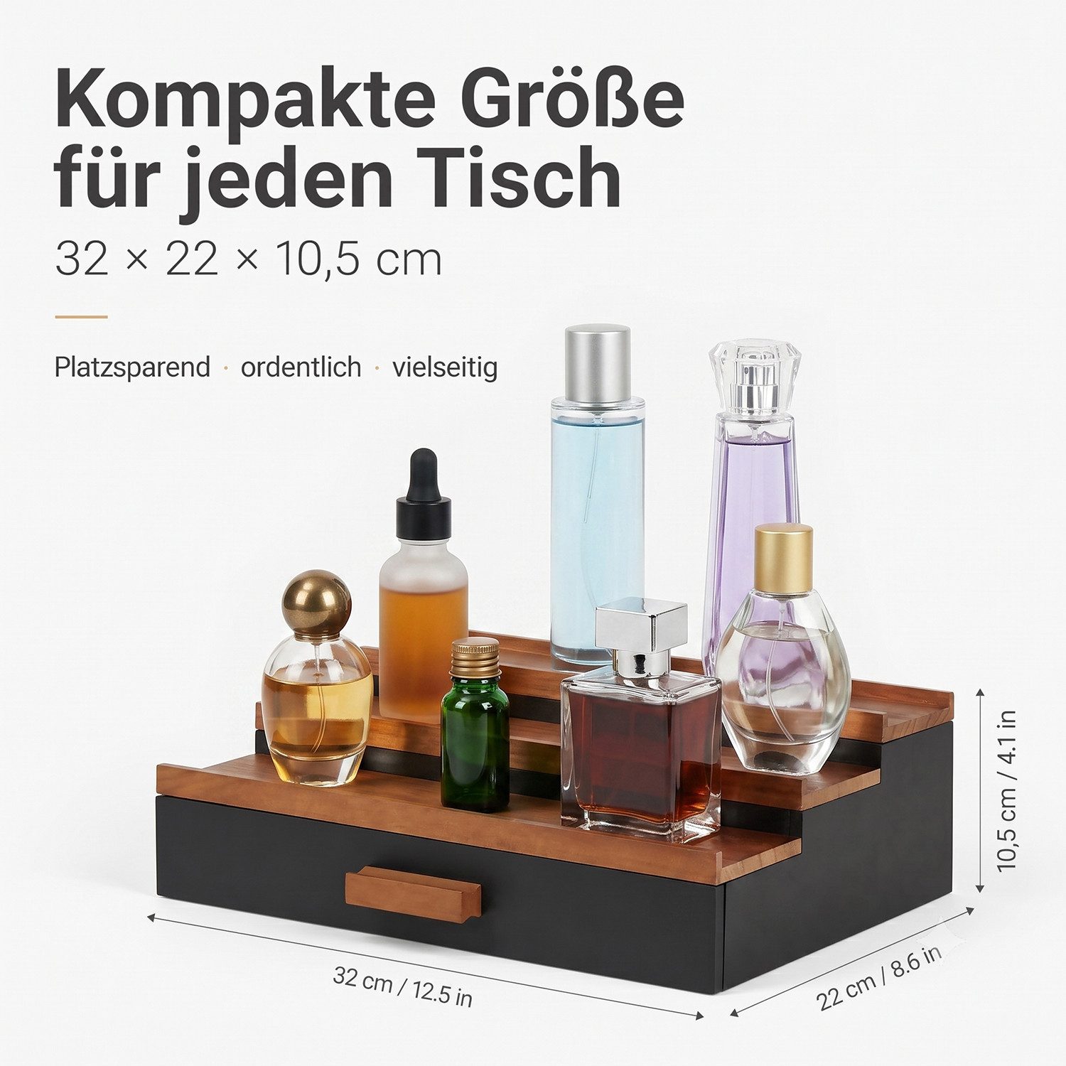 HEYHIPPO Make-Up Organizer 3-stöckiger Parfüm-Ständer aus Holz, mit Schublade, 32×22×10,5 cm, Stufenförmiger Kosmetik-Ständer–Präsentationsregal für Parfüm& Mak – Bild 2 von 5