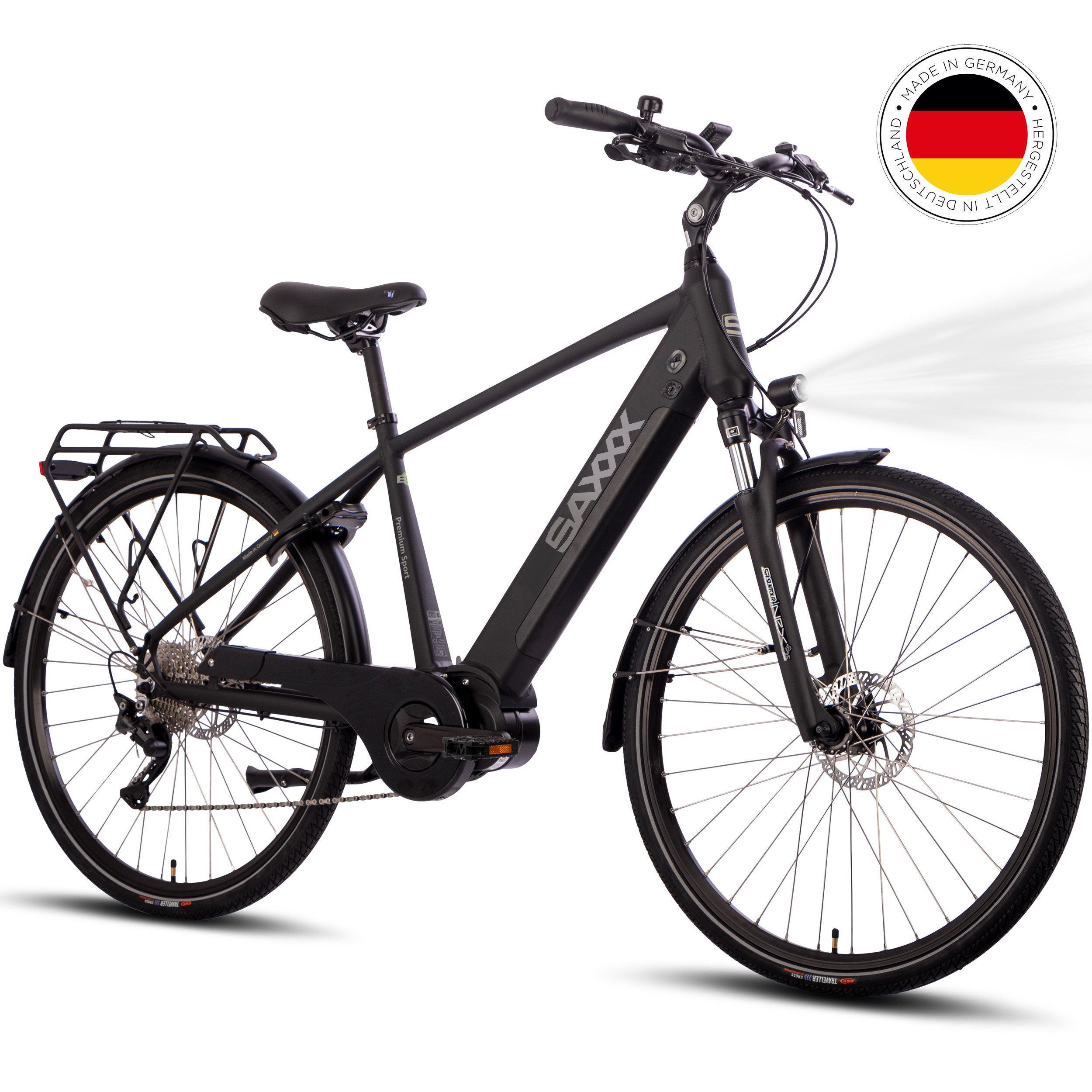 SAXXX E-Bike Trekkingrad 28 Zoll City-Pedelec für Alltag und Touren, 10 Gang SHIMANO Deore Schaltwerk, Mittelmotor, 522 Wh, (mit abnehmbarem Akku mit Rahmenschloss zu 95 % vormontiert), Komfortabel fahren mit Mittelmotor und starkem Akku