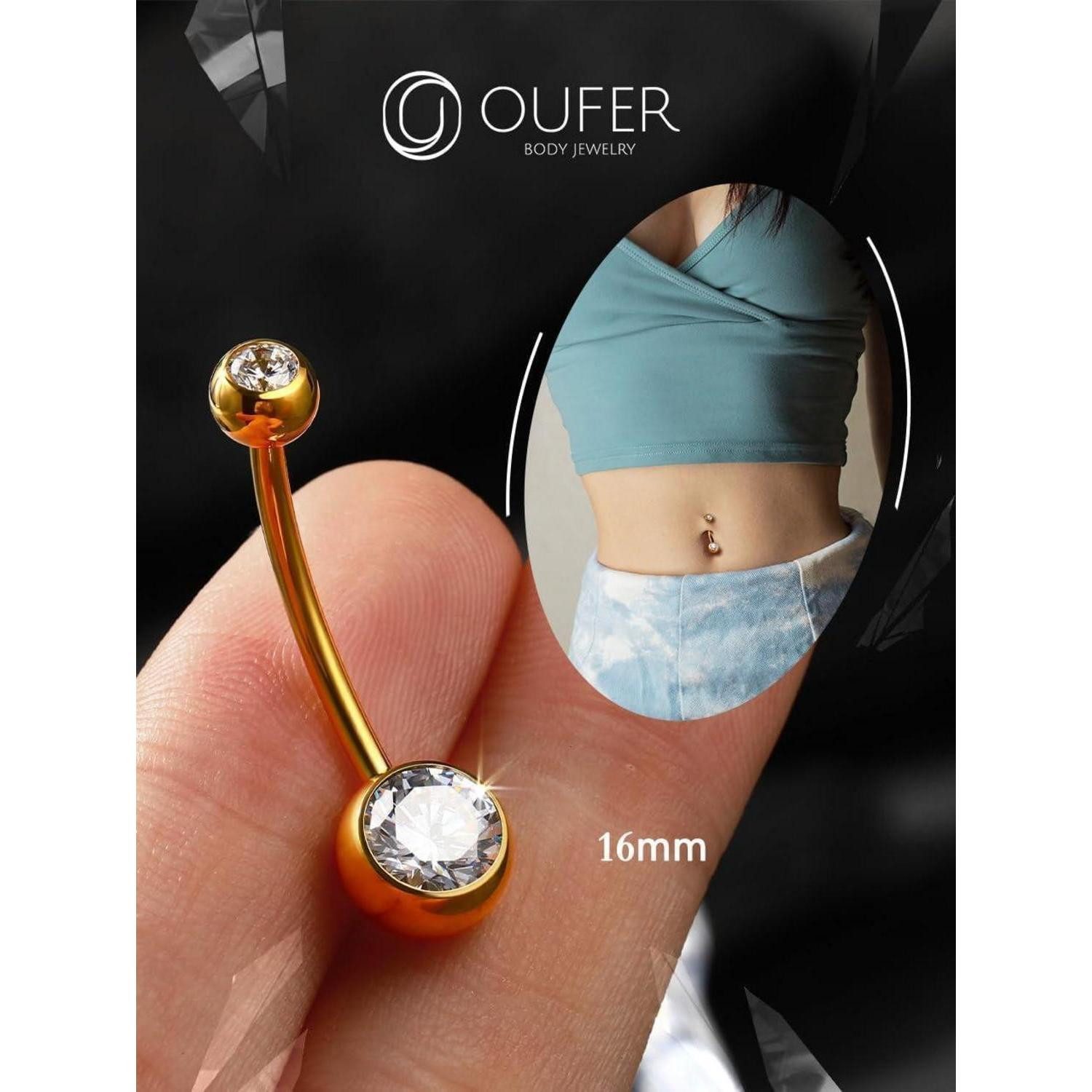 OUFER Bauchnabelpiercing Bauchnabelpiercing Titan Gold 14G 16mm CZ Kugeln Belly Button Piercing
