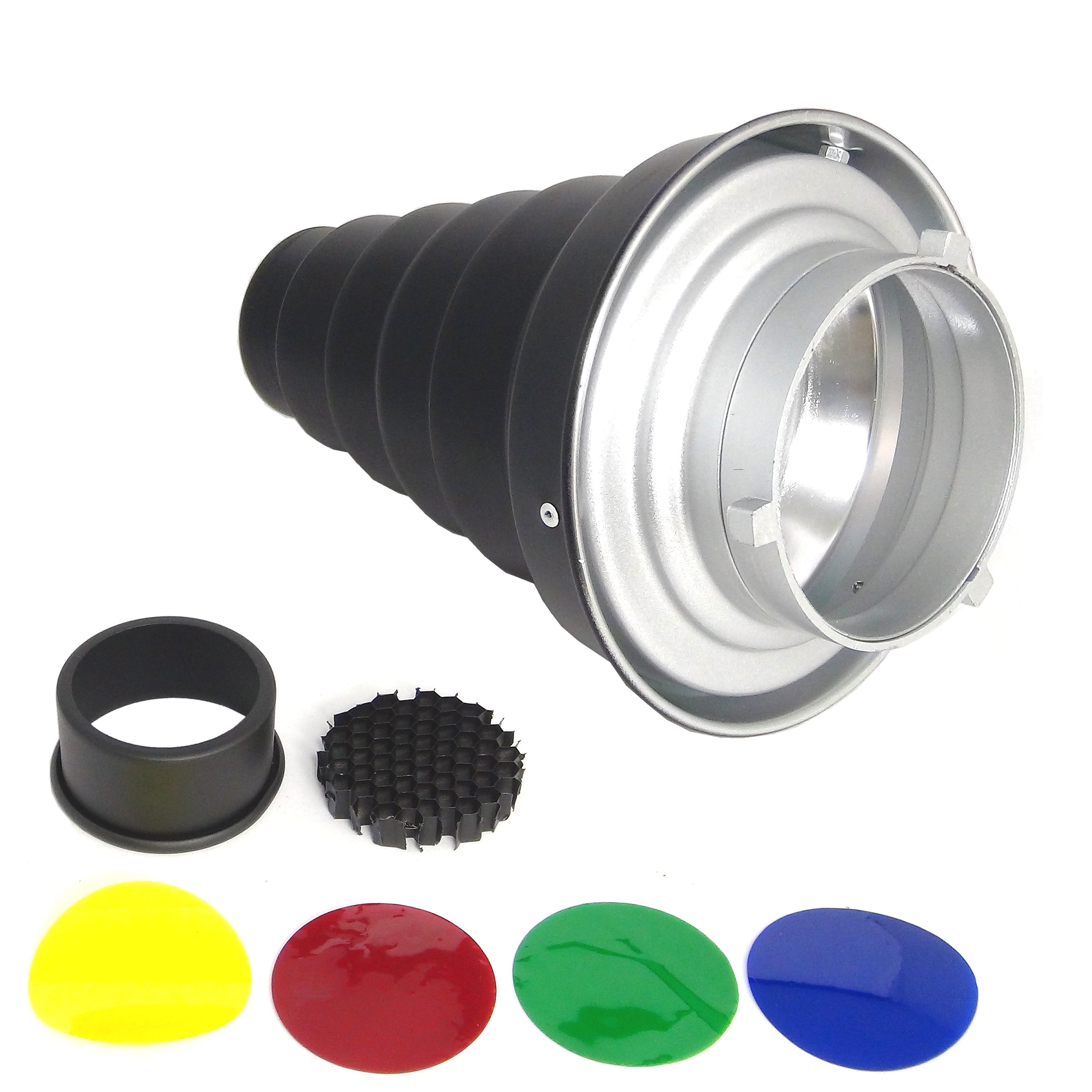 Dynasun Spotvorsatz Lichtformer A188, Konischer Reflektor mit Bowens-Bajonettanschluss Wabengitter 4 Filter