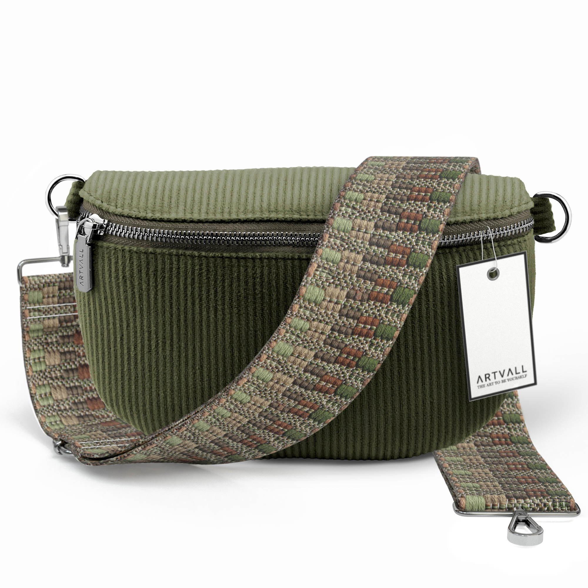 ARTVALL Umhängetasche Cord Handtasche Brusttasche Crossbody Bag Olivgrün (Tasche inkl. Taschenband), Cord Bauchtasche Cordtasche Stoff weich abnehmbarer Taschengurt Klein
